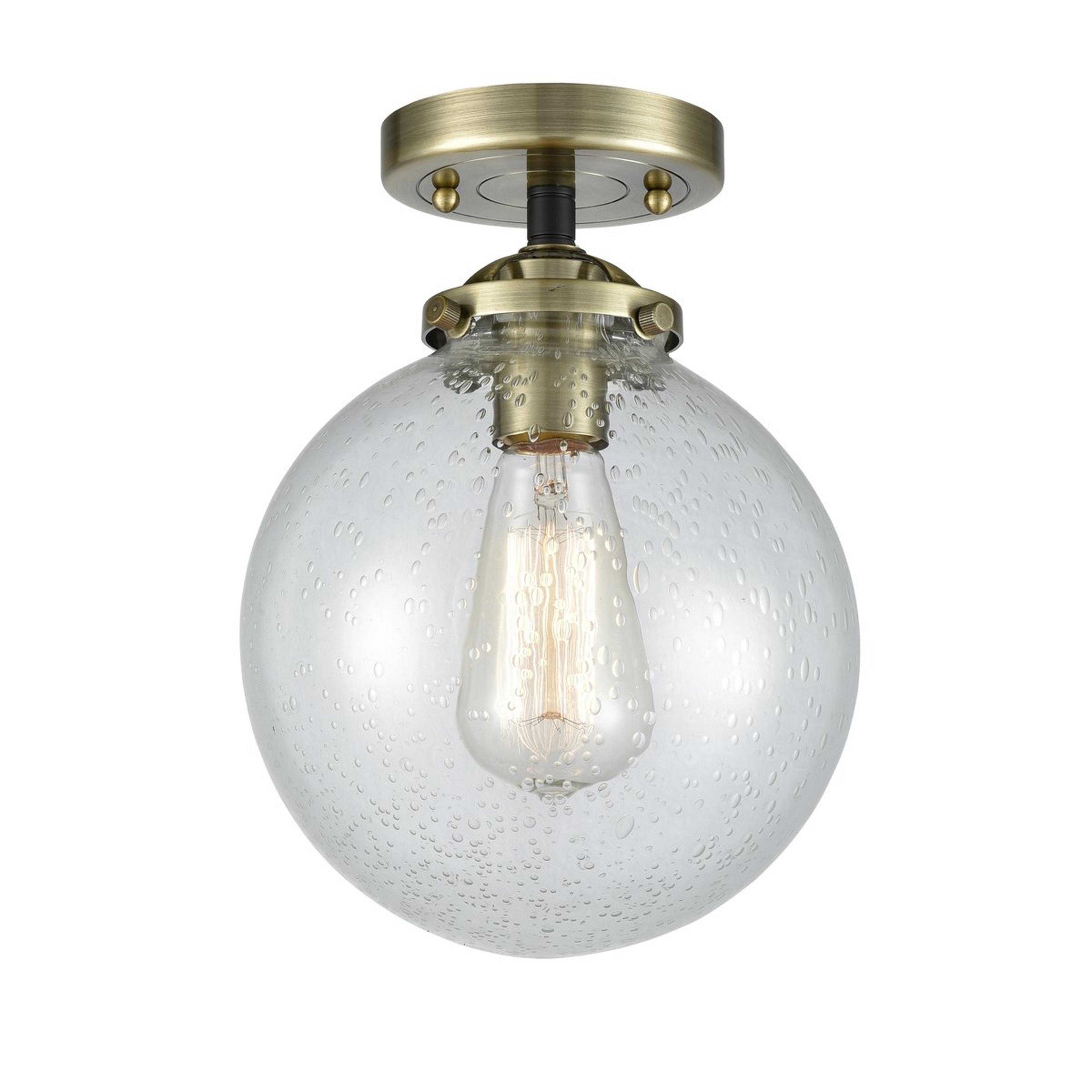 A Mod Mix Seeded  Globe Semi-Flush Ceiling Light - Large with Antique Brass / Black / Seedy Glass color