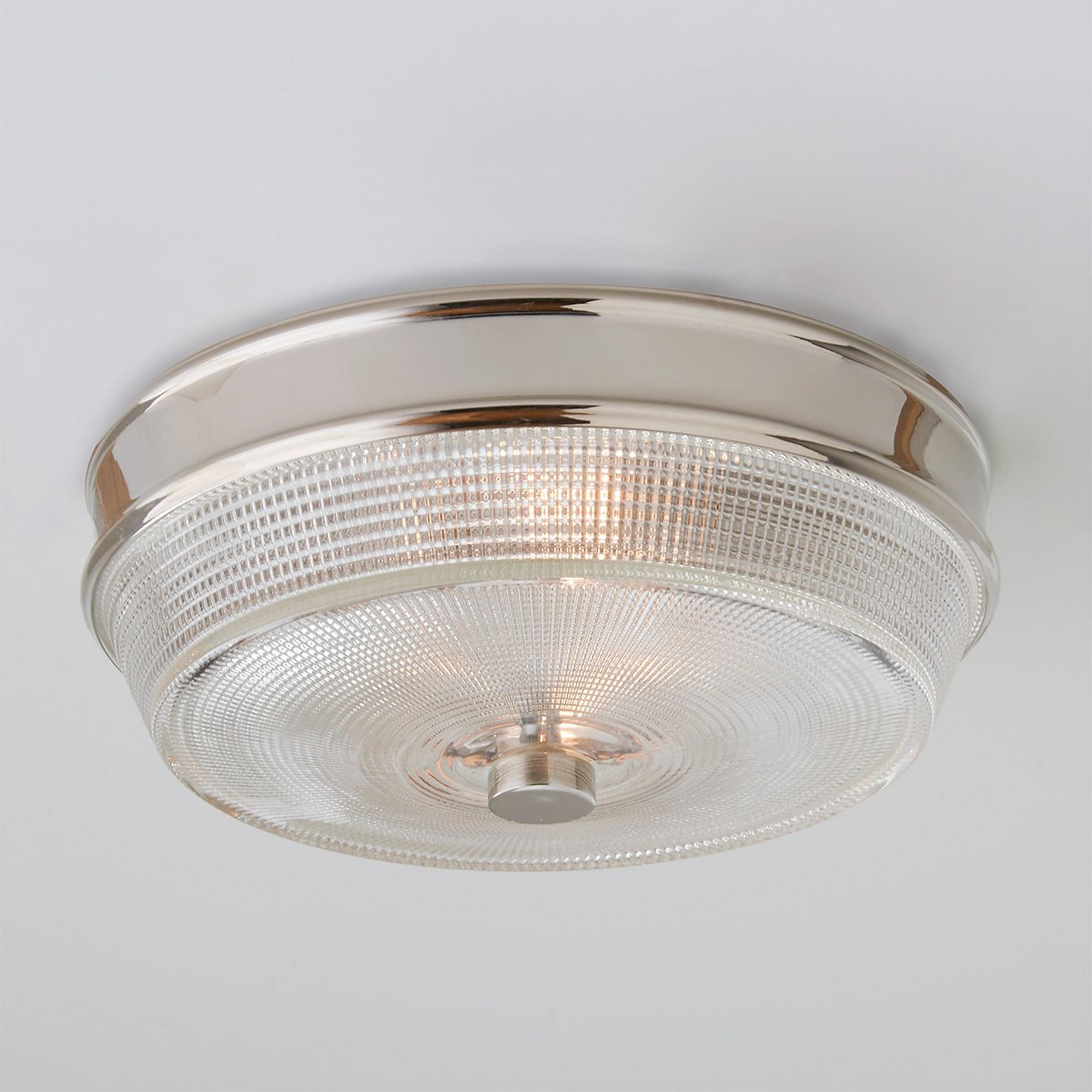 A Transitional Textured Ceiling Light with Polished Nickel / Glass color