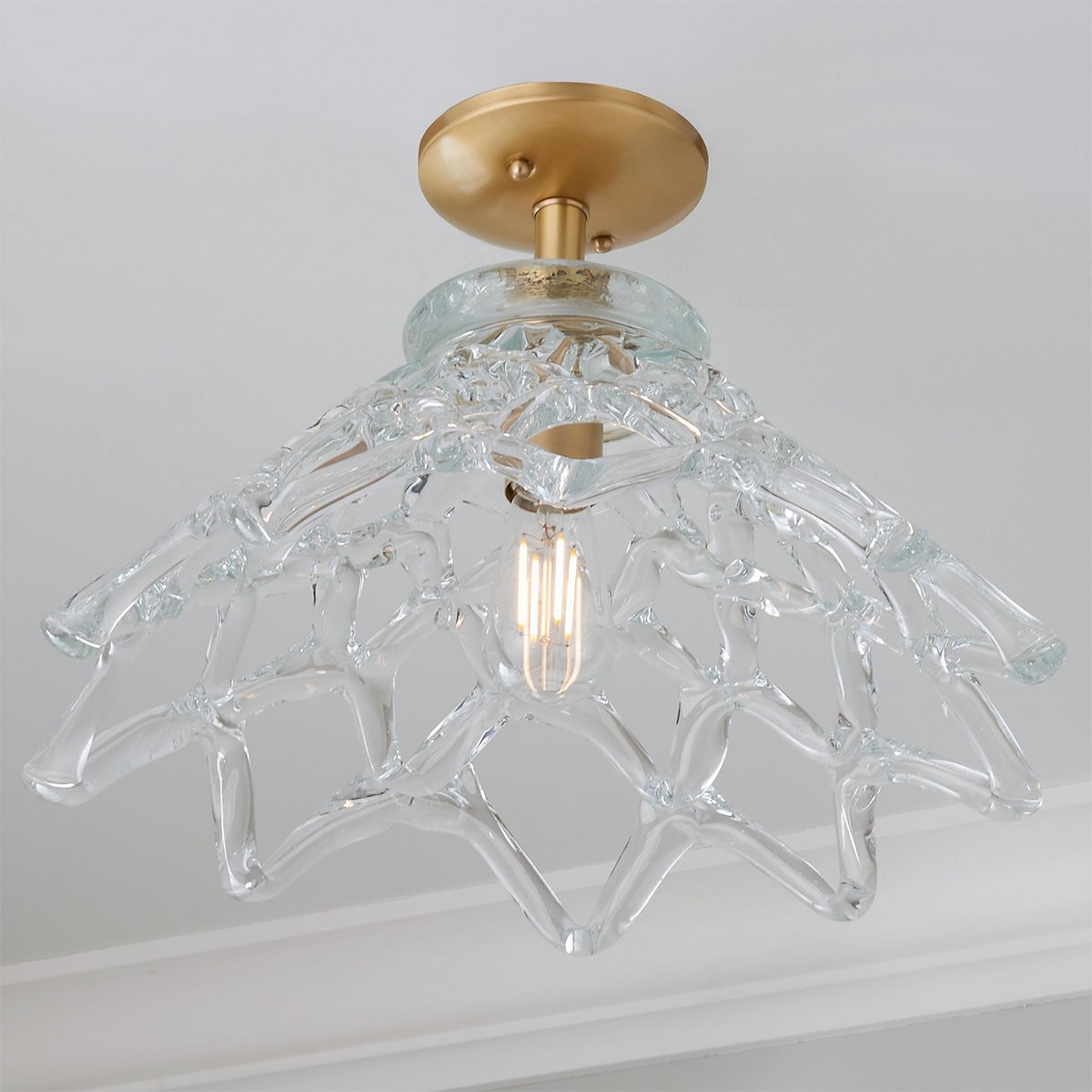 A Glass Lattice Flared Semi-Flush Ceiling Light with Solid Brass / Clear  color