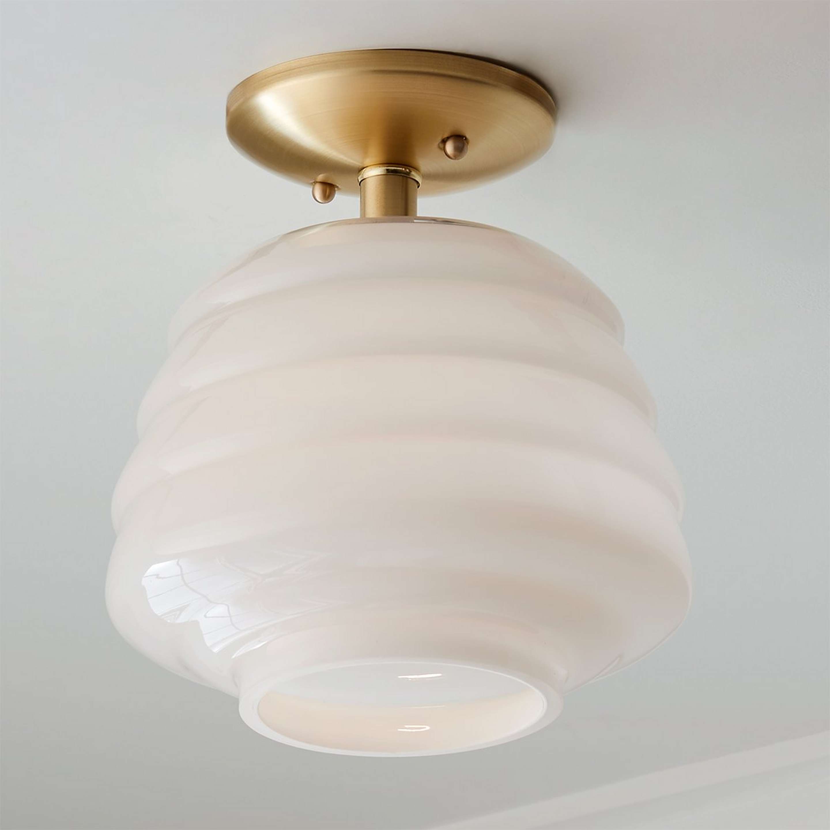 A Milk Glass Hive Semi-Flush Ceiling Light with Brass / Milk Glass color
