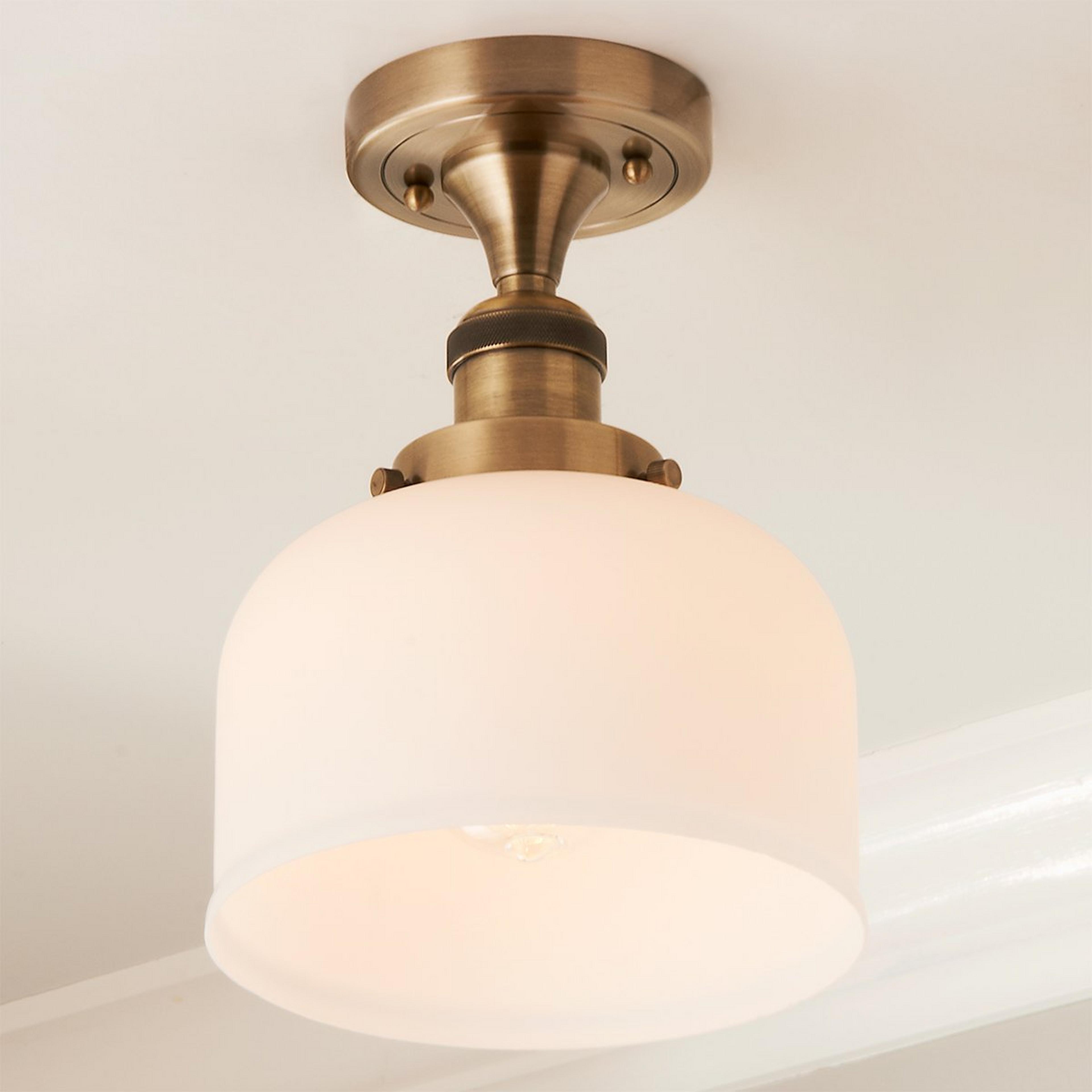 A Kelsey Semi-Flush Ceiling Light - Dome Frosted with Antique Brass / Frosted White Glass color