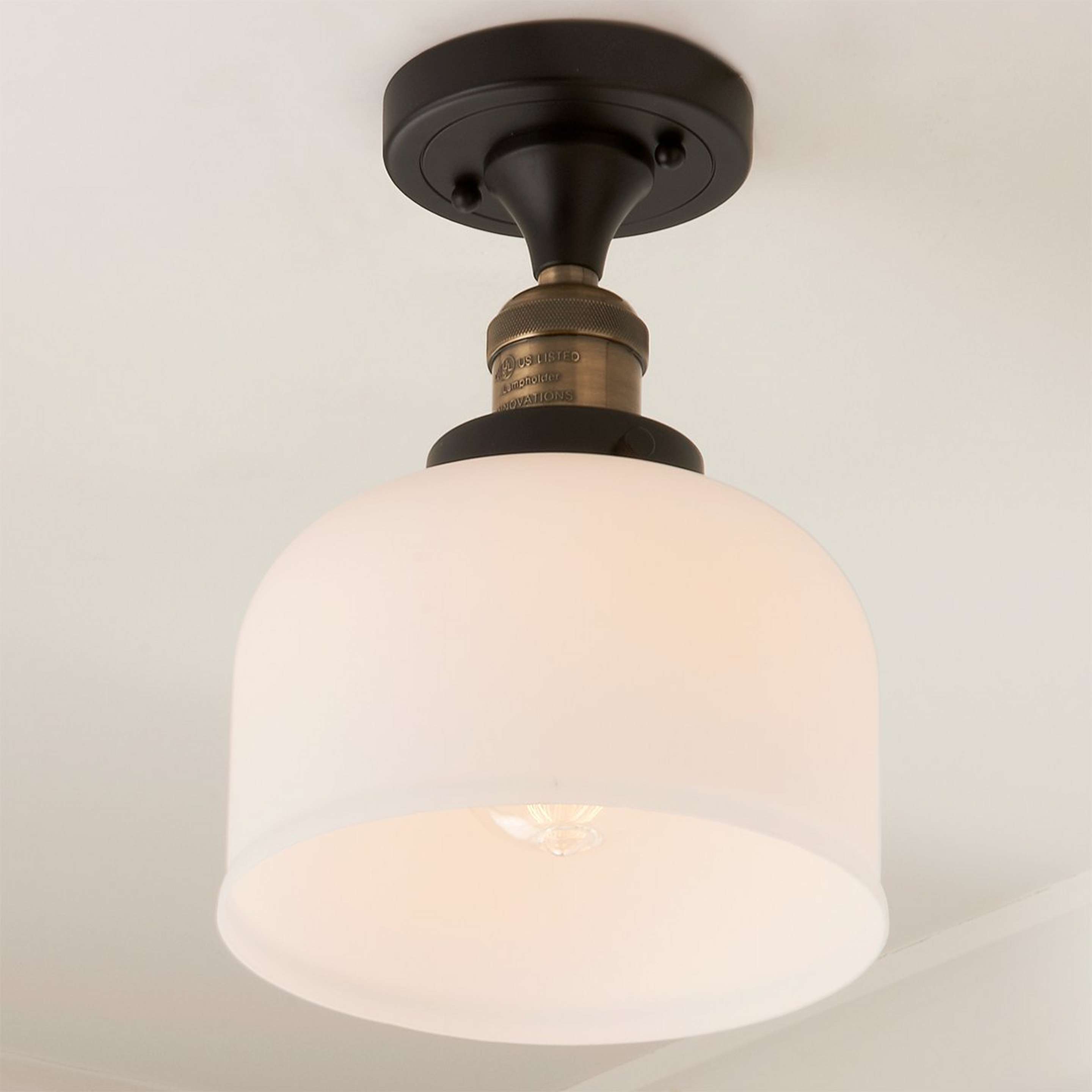 A Kelsey Semi-Flush Ceiling Light - Dome Frosted with Black / Antique Brass / Frosted White Glass color