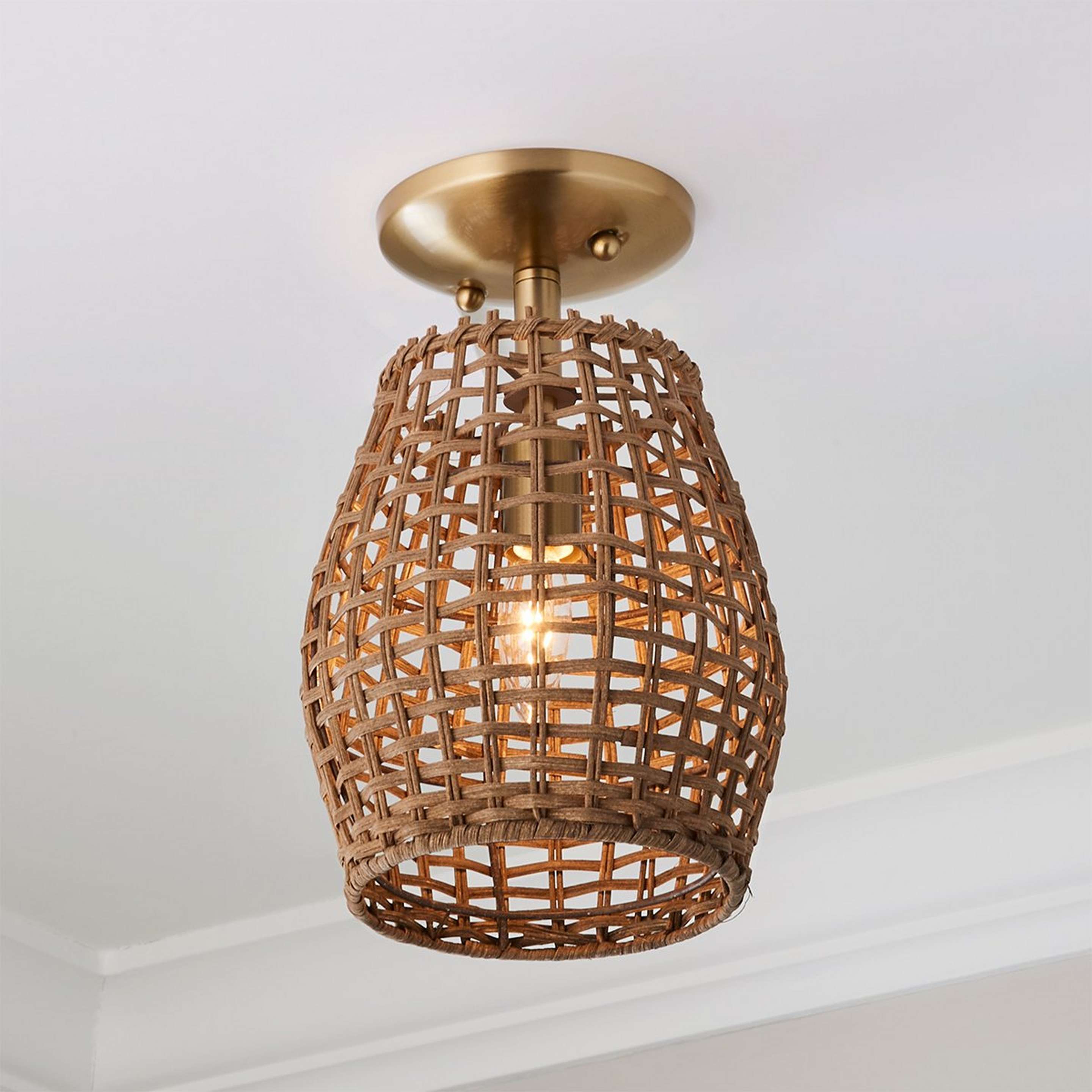 A Young House Love Check Rattan Ceiling Light with Satin Brass / Natural Rattan color