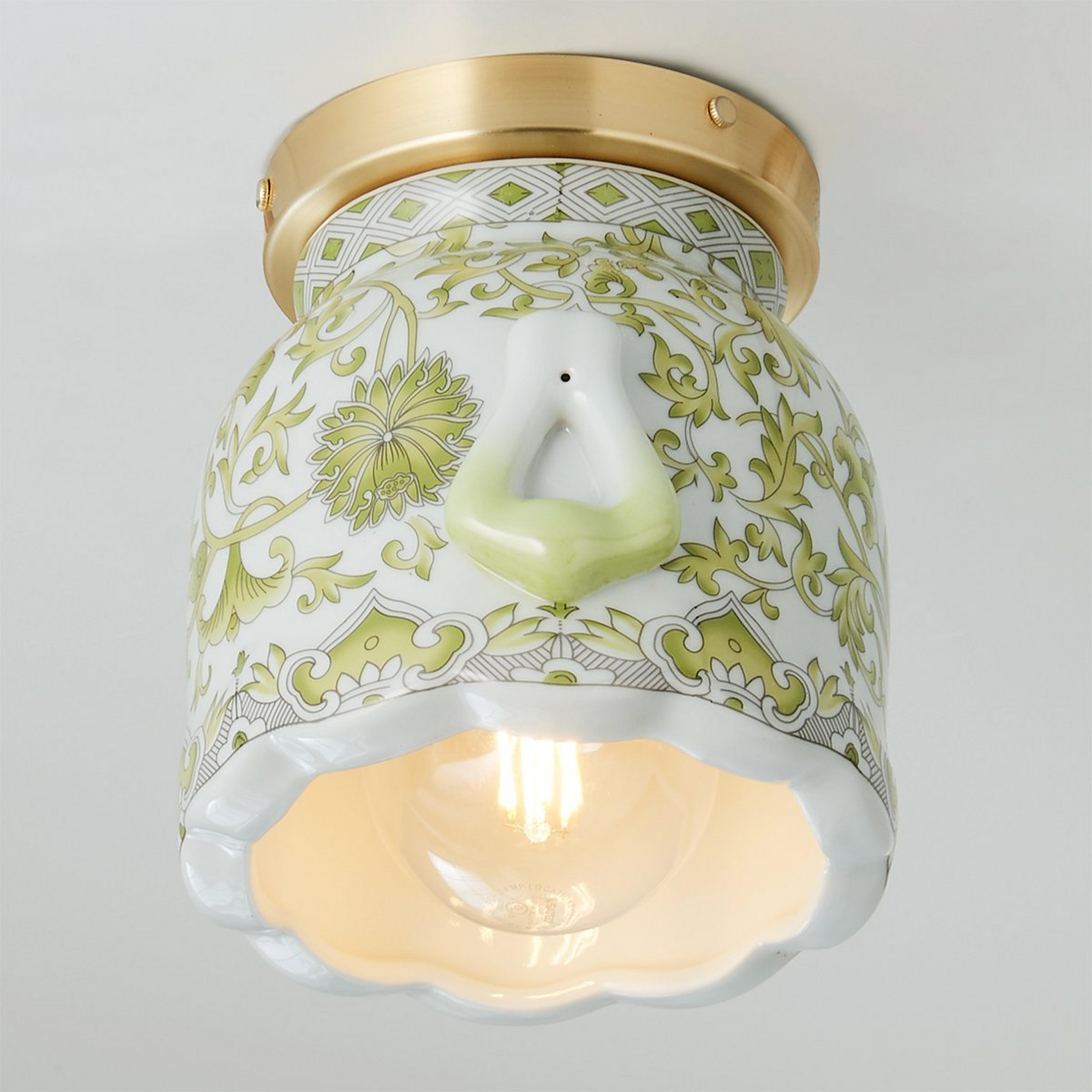 A Cottagecore Ceiling Light with Solid Brass / Celadon Swirl color