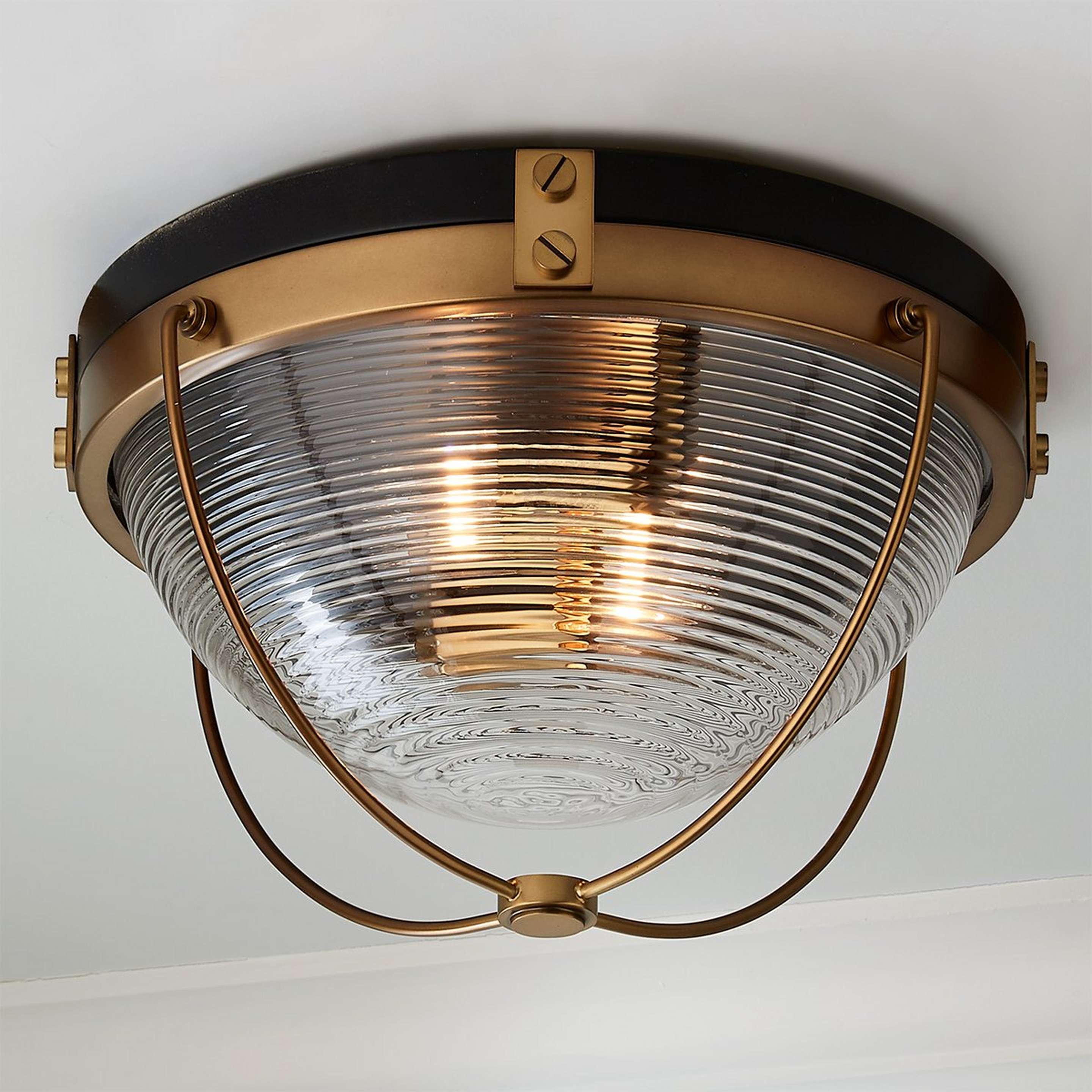 A Seafarer Ribbed Glass Ceiling Light with Black / Aged Brass / Clear Ribbed Glass color