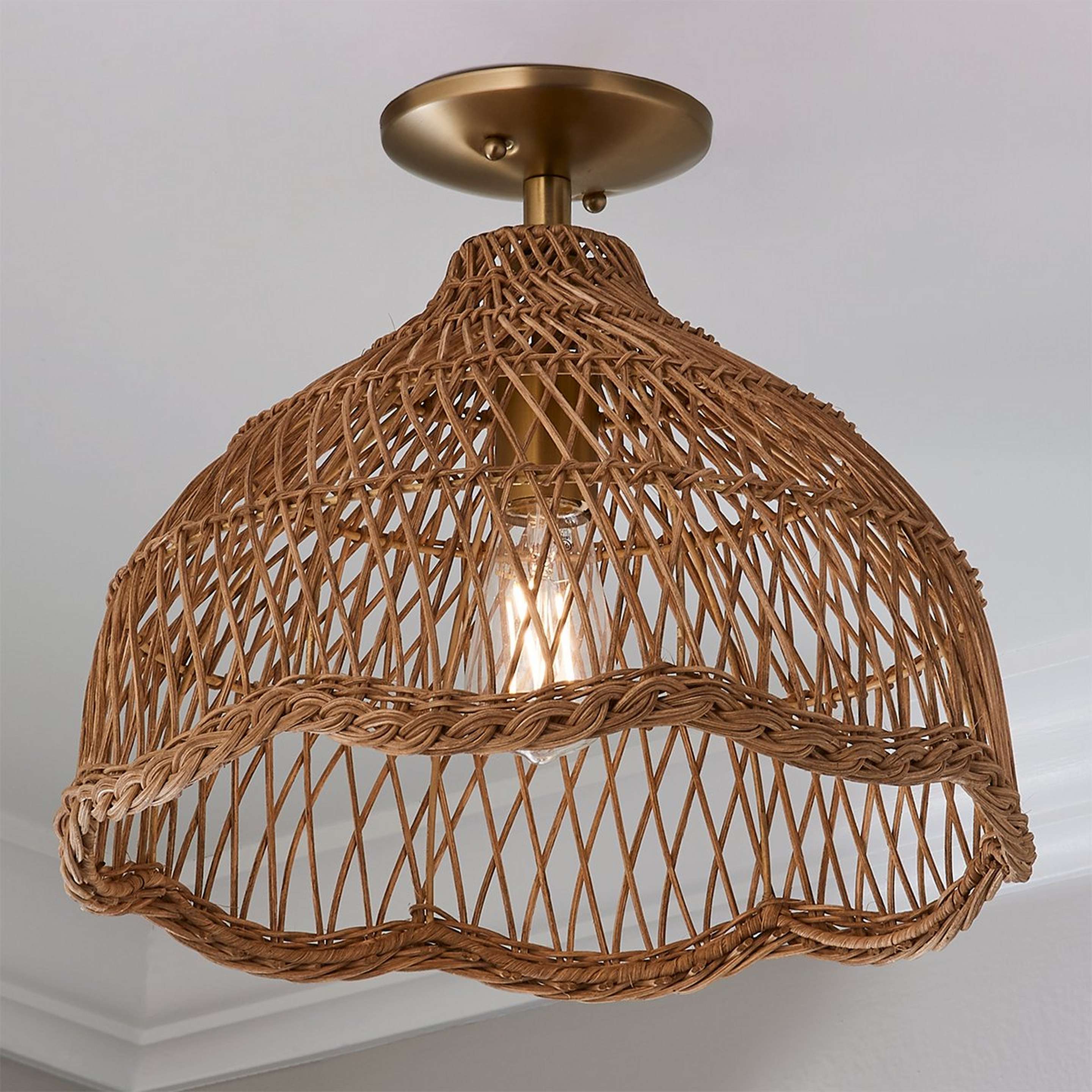 A Young House Love Scallop Rattan Ceiling Light with Aged Brass / Rattan color