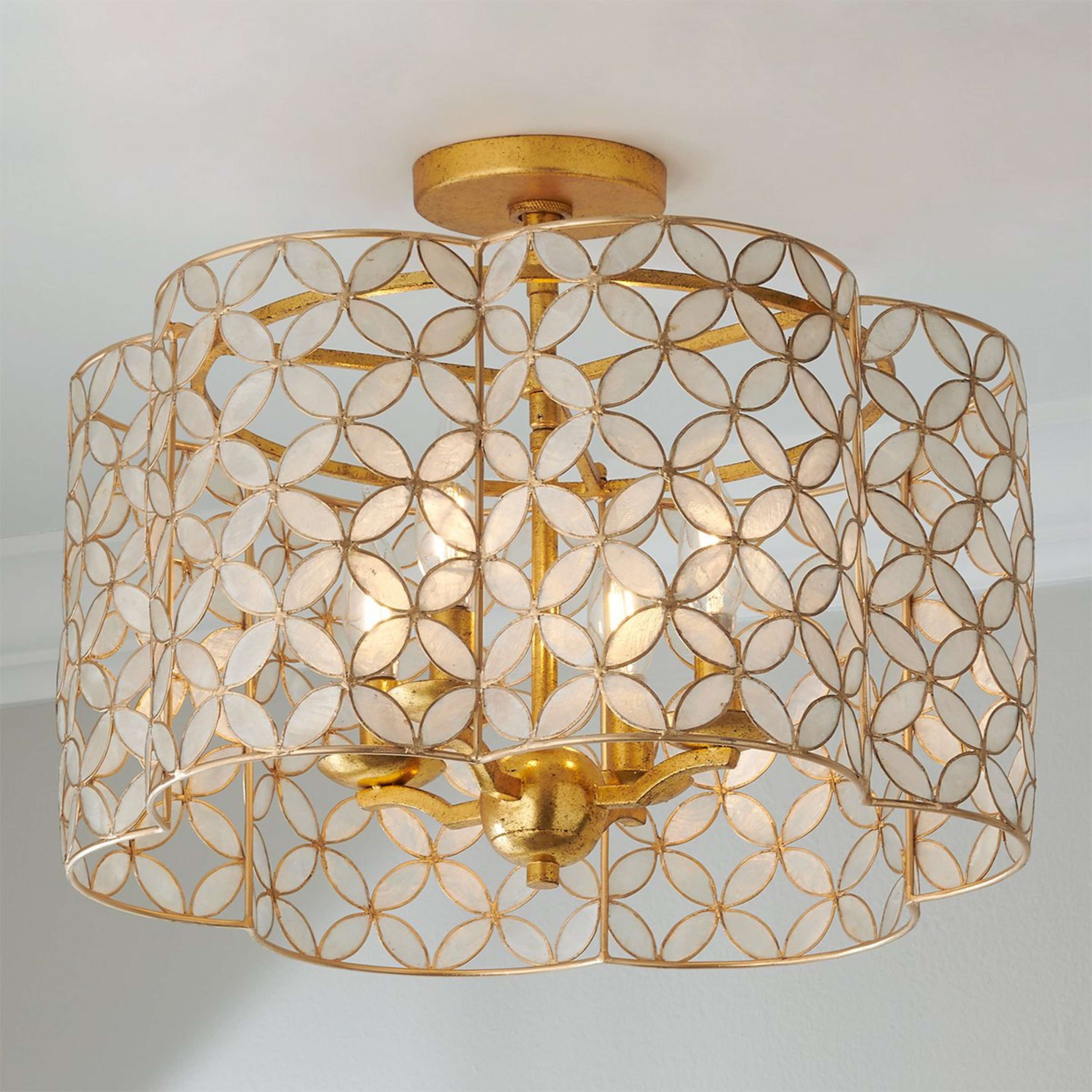A Vierpas Semi-Flush Ceiling Light with Distressed Gold Leaf / Capiz color