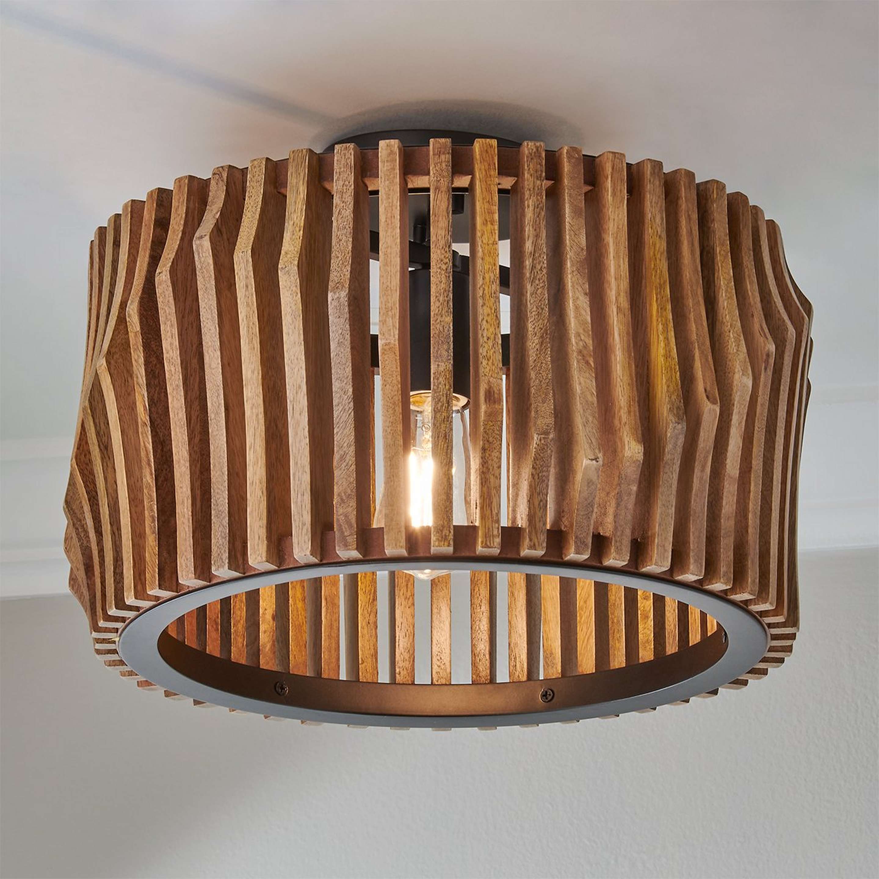 A Maela Drum Convertible Semi-Flush Ceiling Light with Matte Black / Mango Wood color