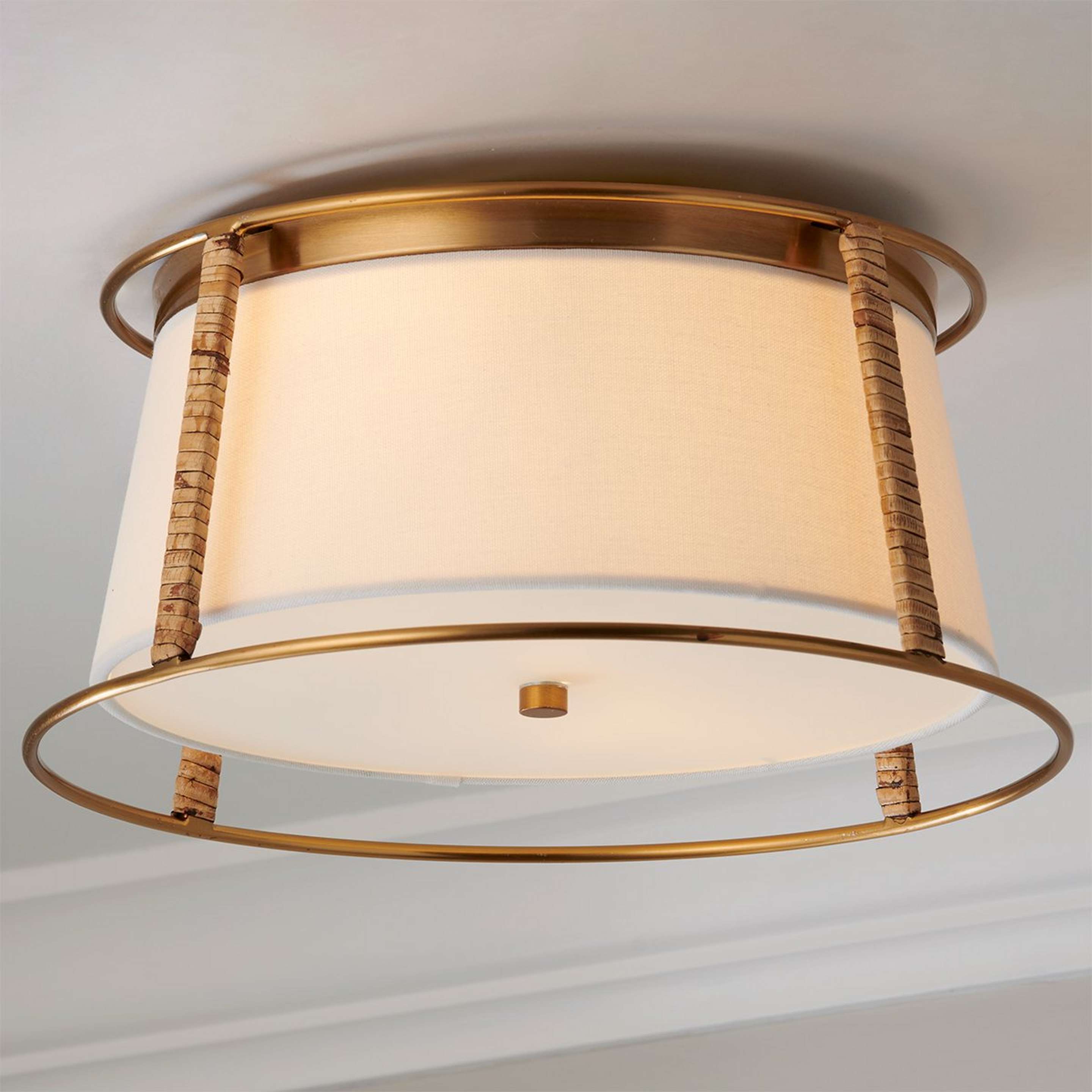 A Cortes Ceiling Light with Satin Brass / Natural Rattan / White color