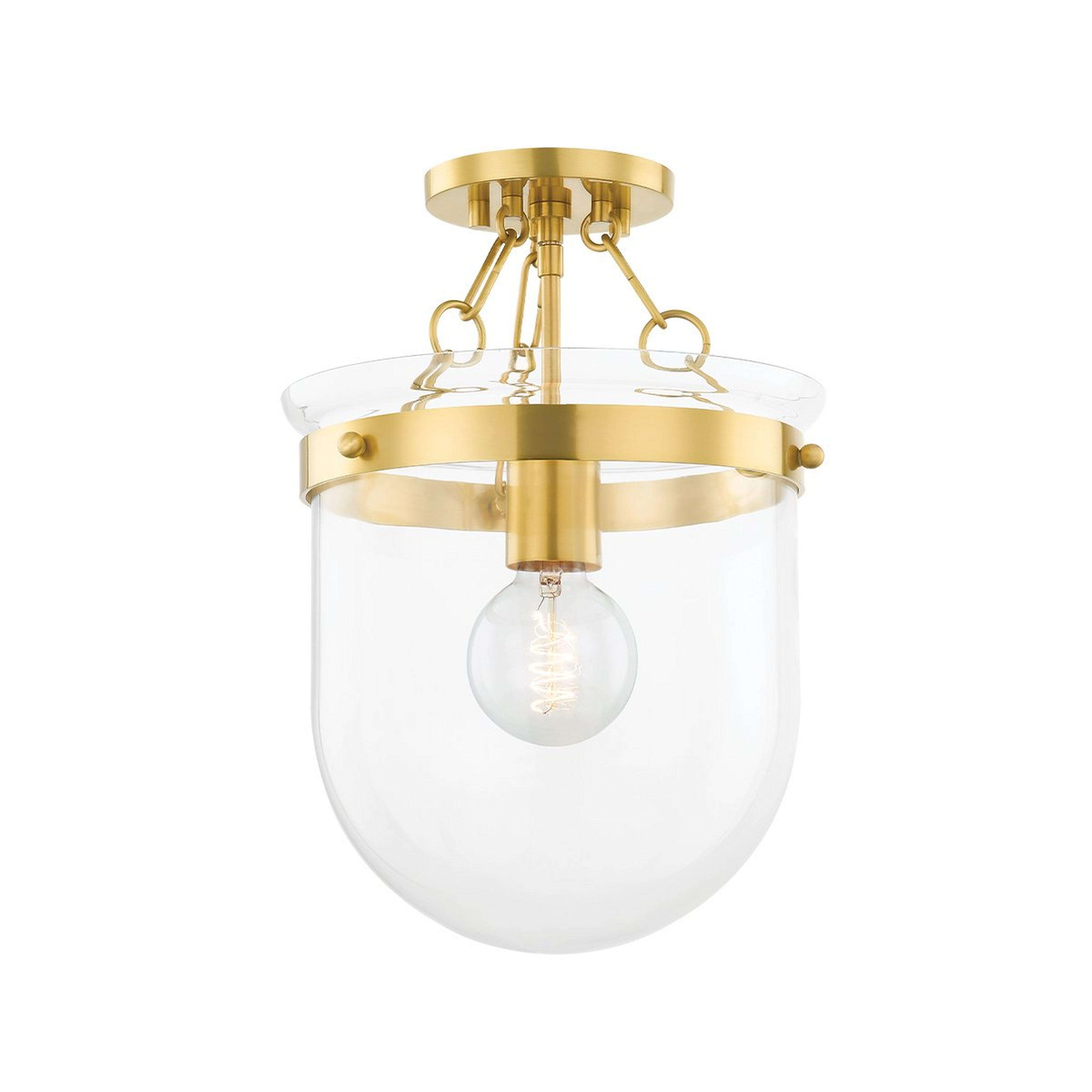 A Lassiter Glass Bell Ceiling Light with Aged Brass / Clear Glass color