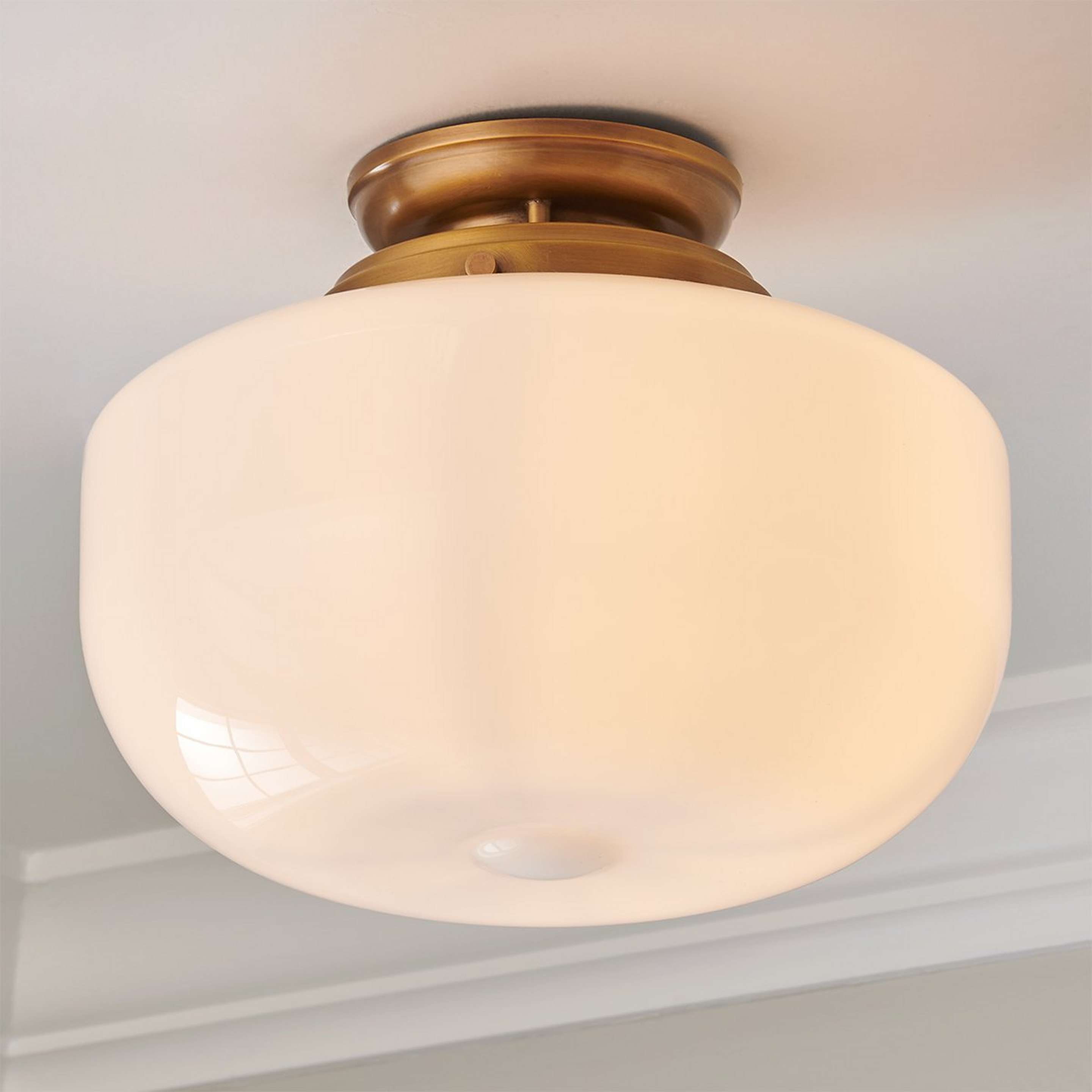 A Erin & Ben Co. Gardiner Schoolhouse Ceiling Light with Satin Brass / Opal Glass color