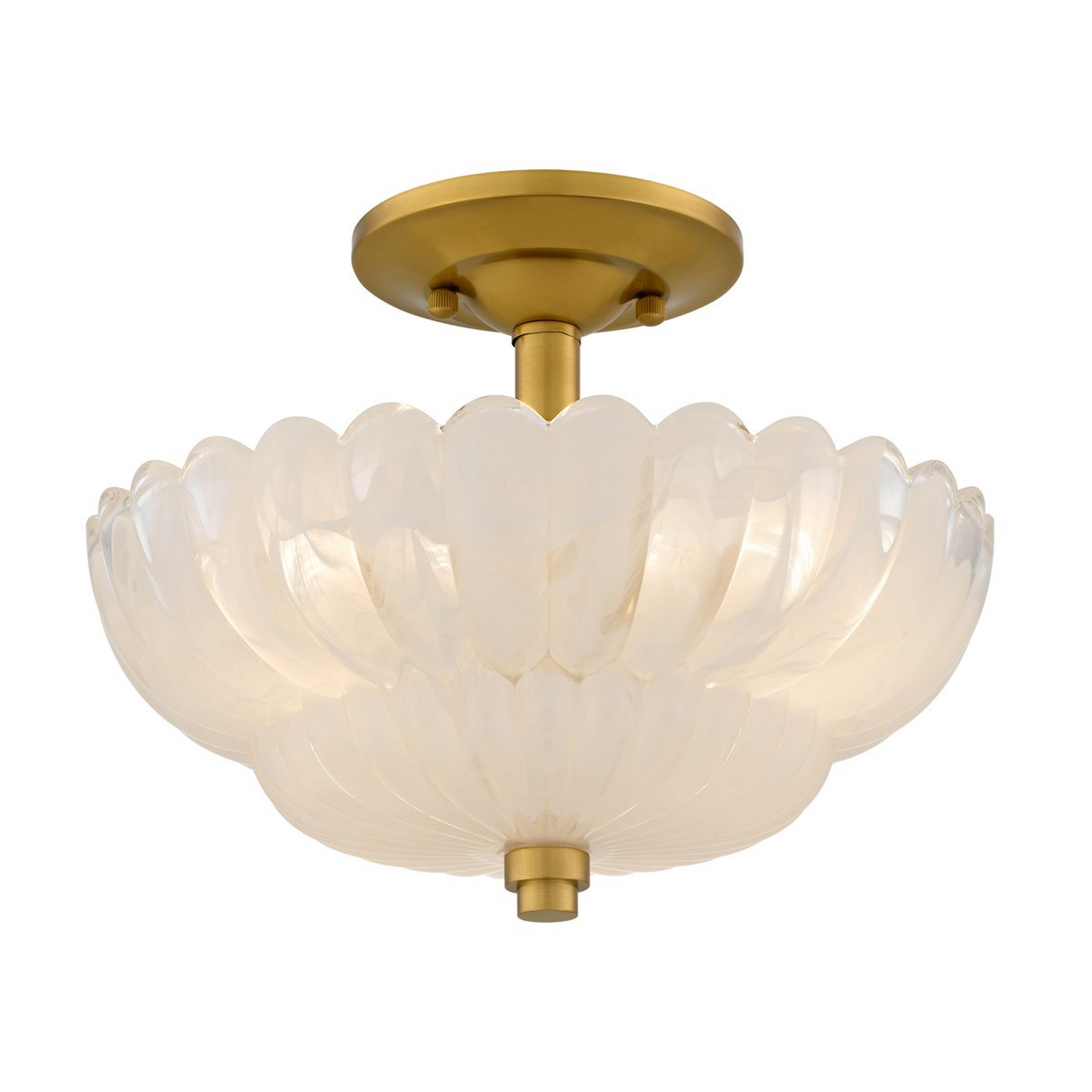 A Scalloped Cloud Glass Semi-Flush Ceiling Light - Small with Brushed Gold / Cloud Glass color
