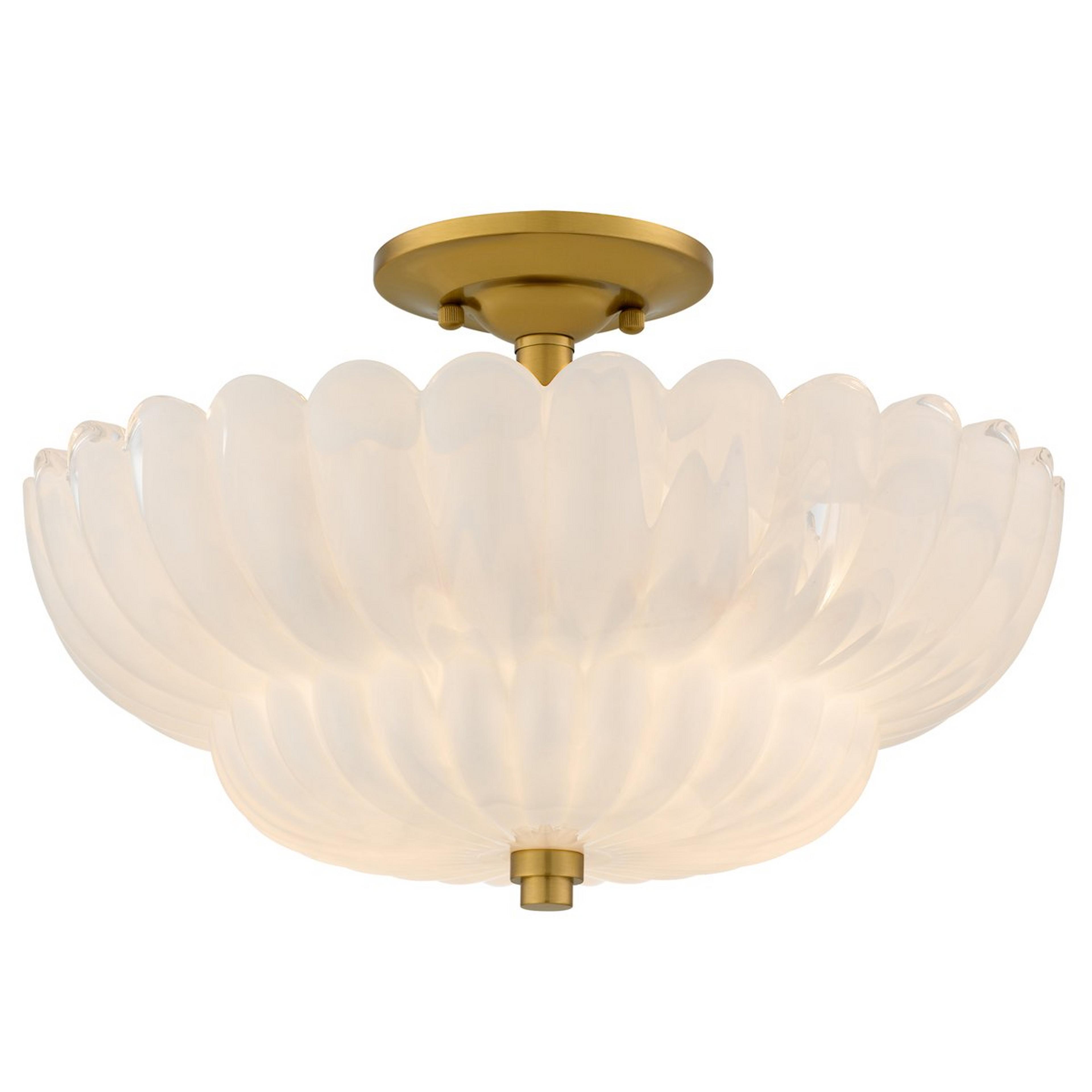 A Scalloped Cloud Glass Semi-Flush Ceiling Light - Large with Brushed Gold / Cloud Glass color