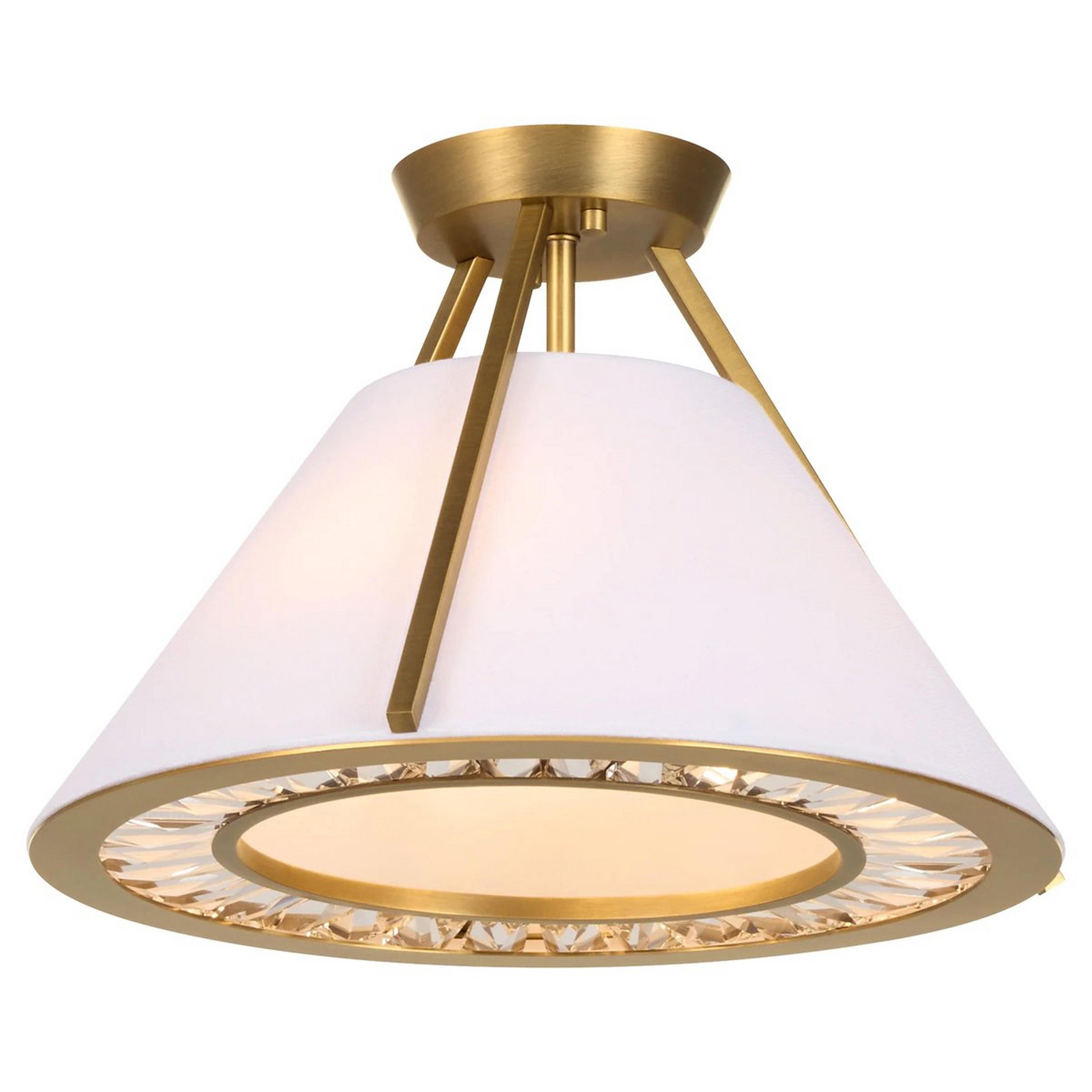 A Cygnus Semi-Flush Ceiling Light with Brushed Brass / Clear Crystal / White Fabric color