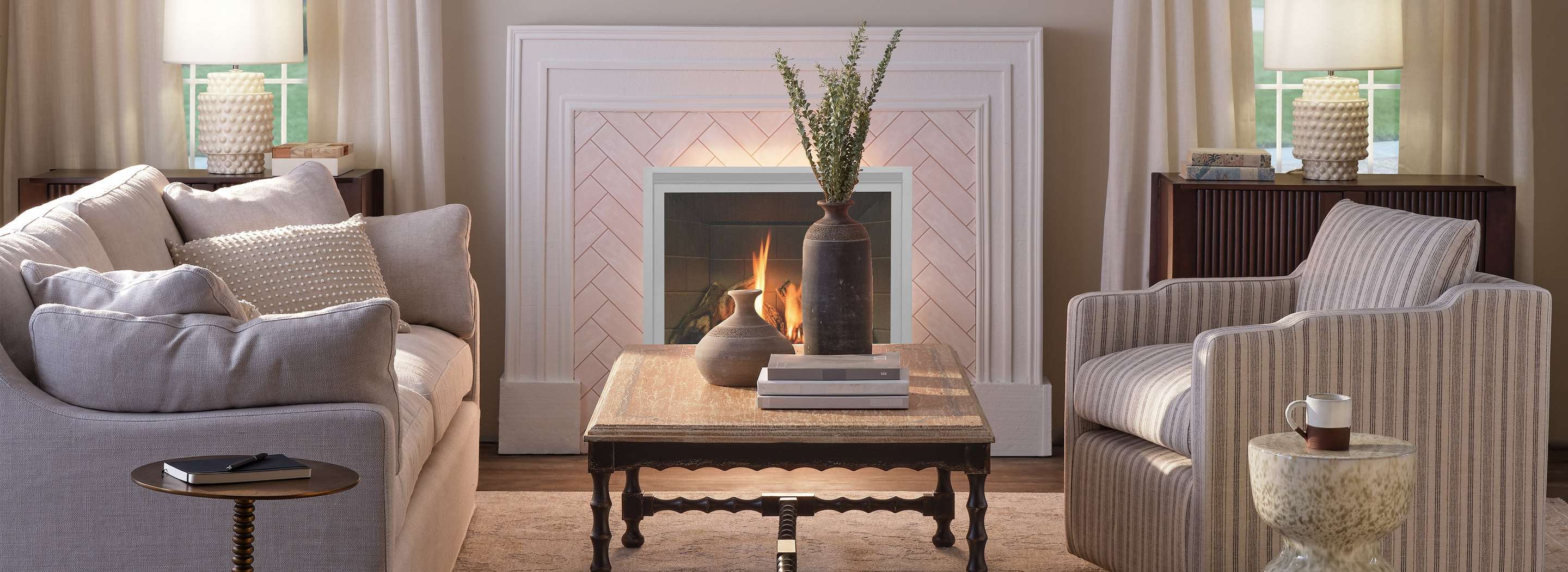 Farmhouse Style living room with fire place 