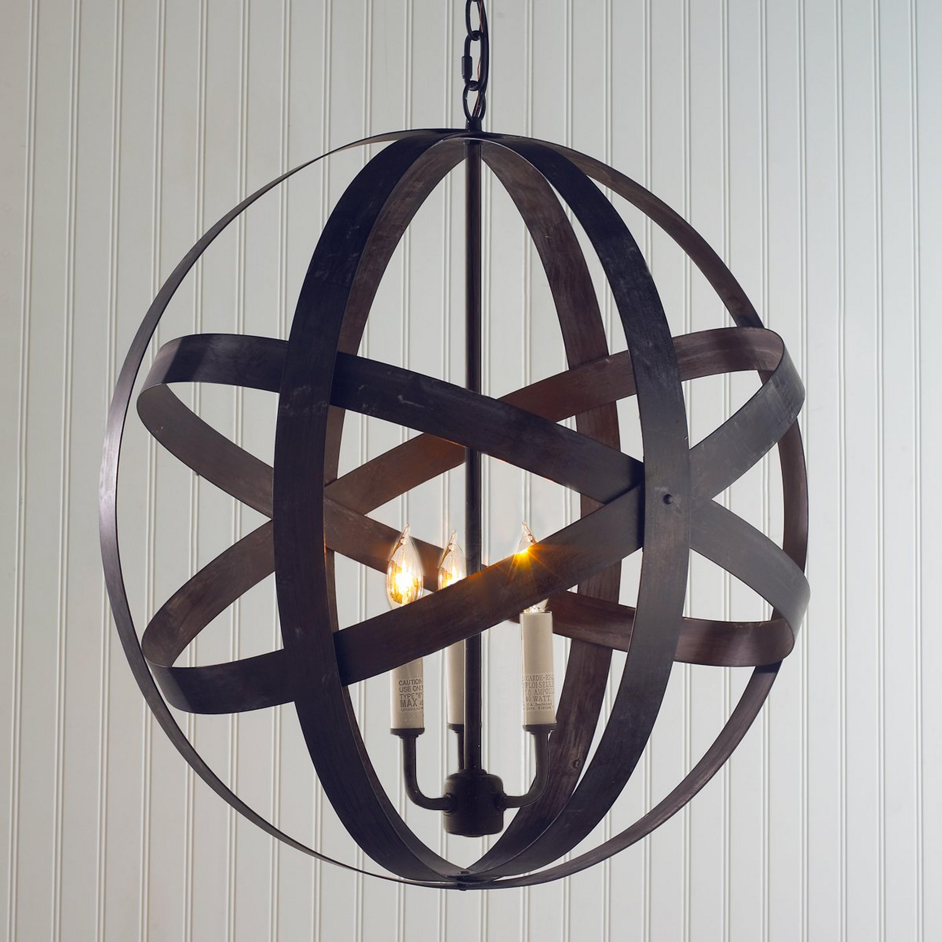 A Rustic Metal Strap Globe Lantern - Medium 3 Light with Aged Black Iron color