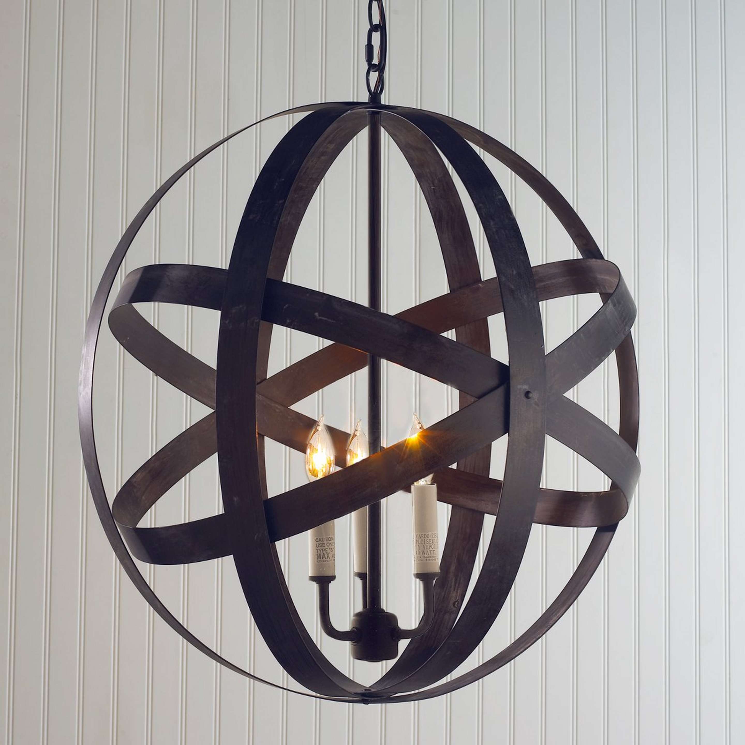 A Rustic Metal Strap Globe Lantern - Medium 3 Light with Aged Black Iron color