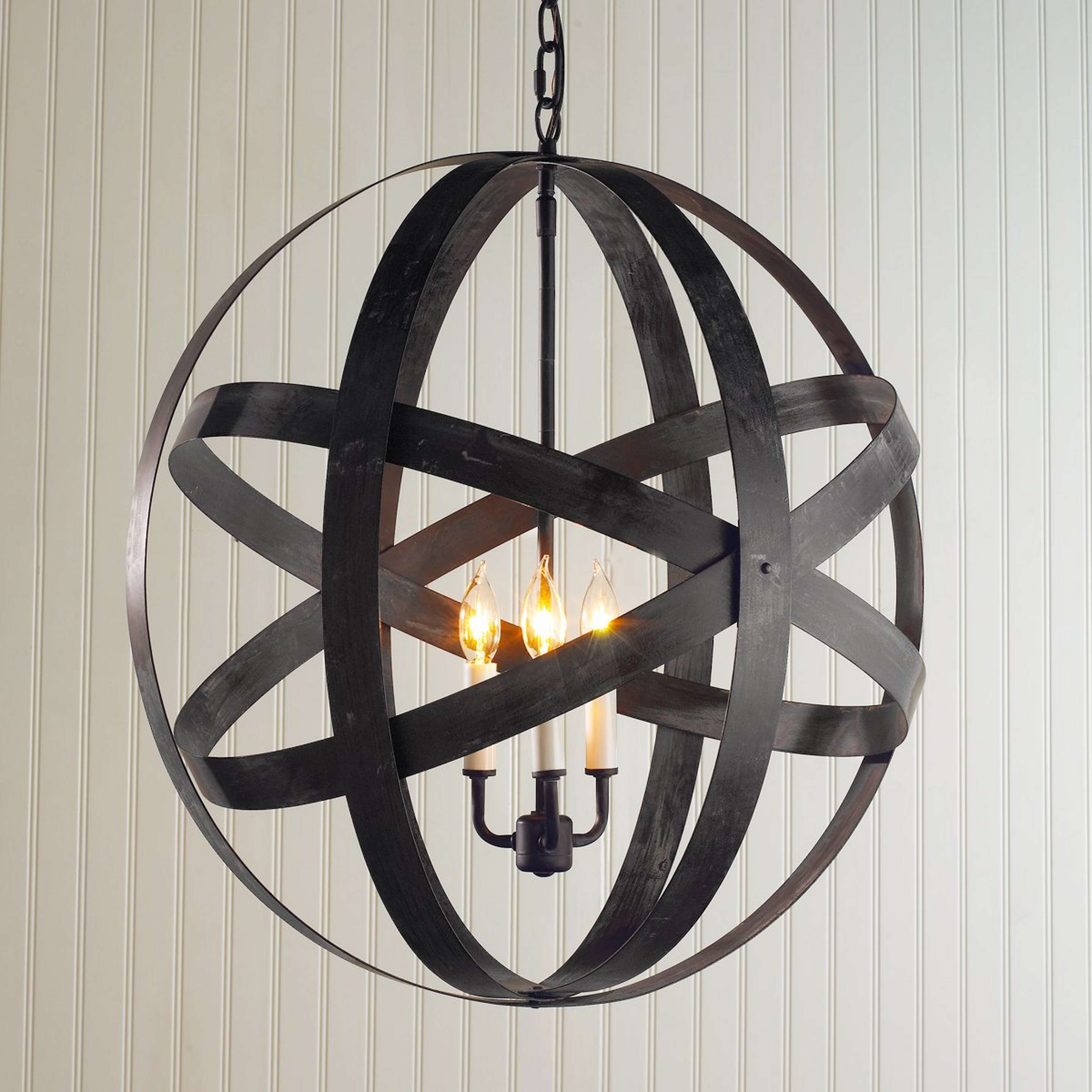 A Rustic Metal Strap Globe Lantern - Large 3 Light with Aged Black Iron color