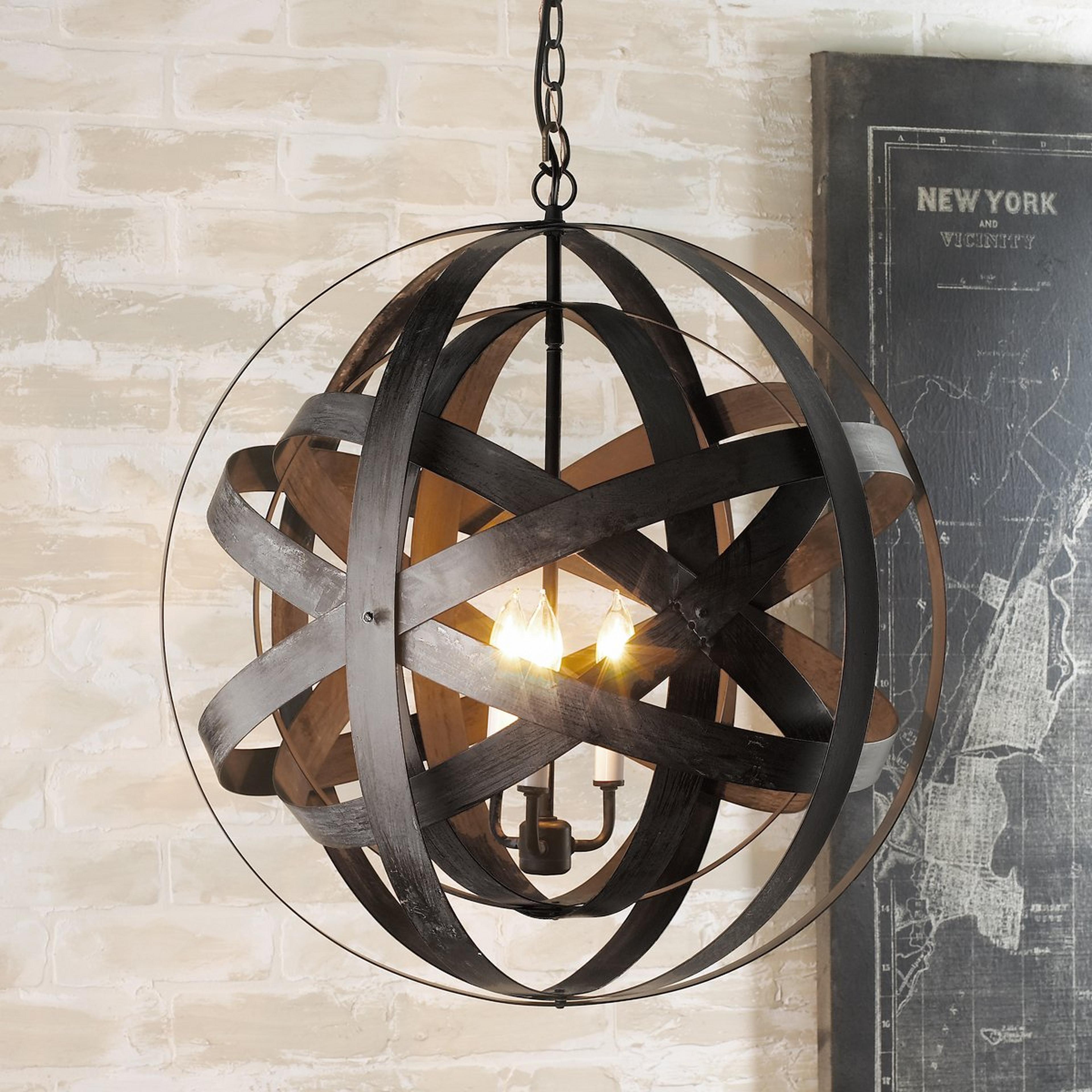 A Rustic Metal Strap Globe Lantern - Double 3 Light with Aged Black Iron color