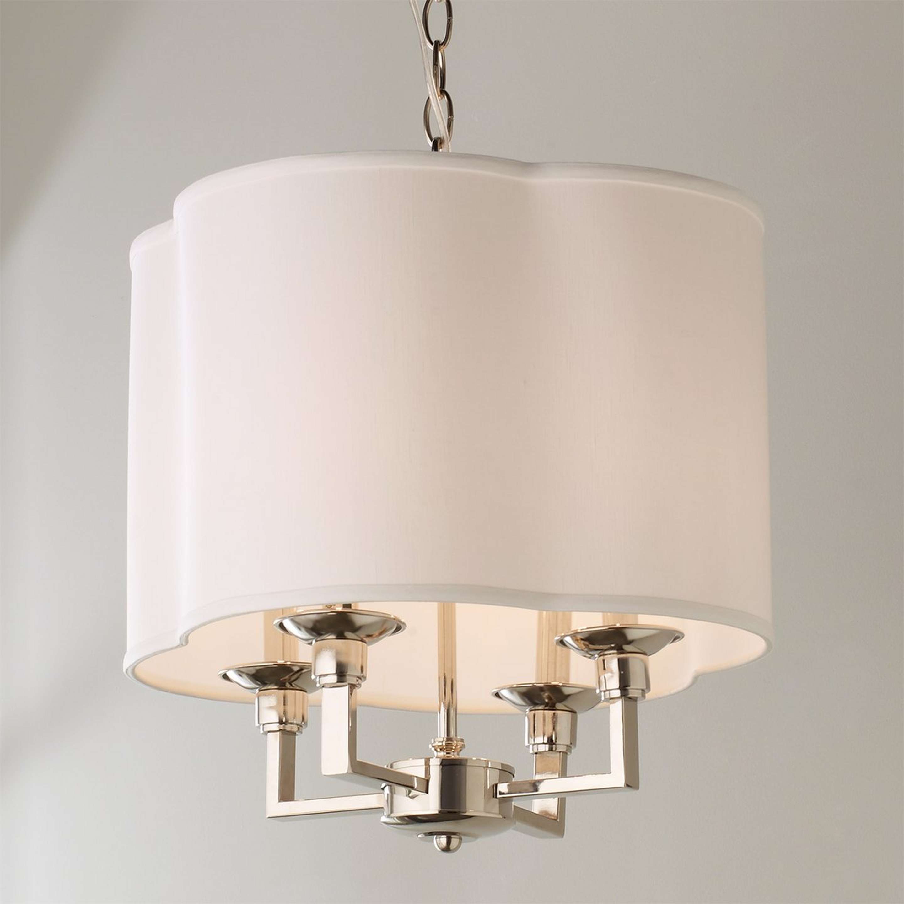 A Quatrefoil Shade Mini Chandelier with Polished Nickel / White Linen color