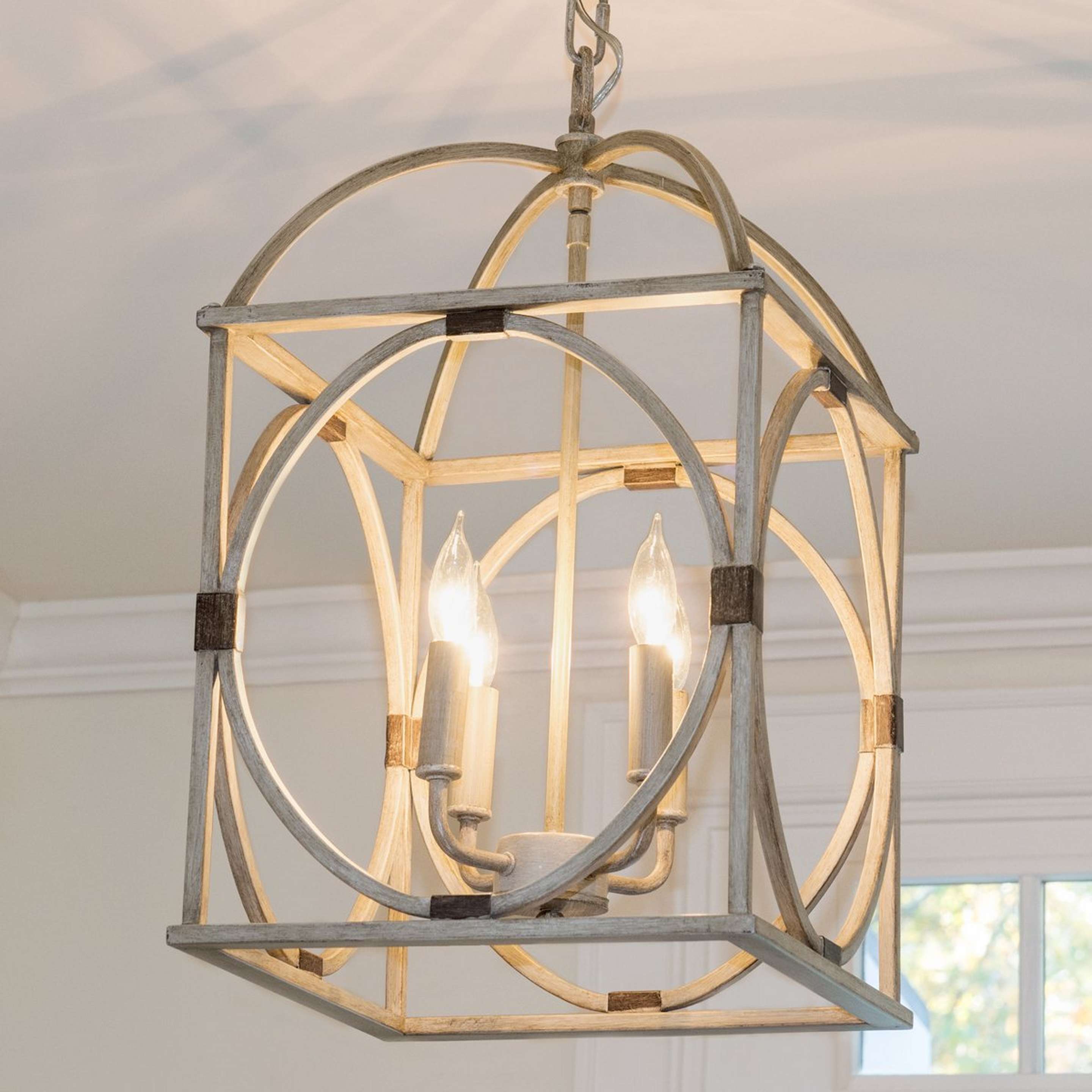 A Circle Lattice Hanging Lantern - 4 Light with Limed Oak / Aged Gold color