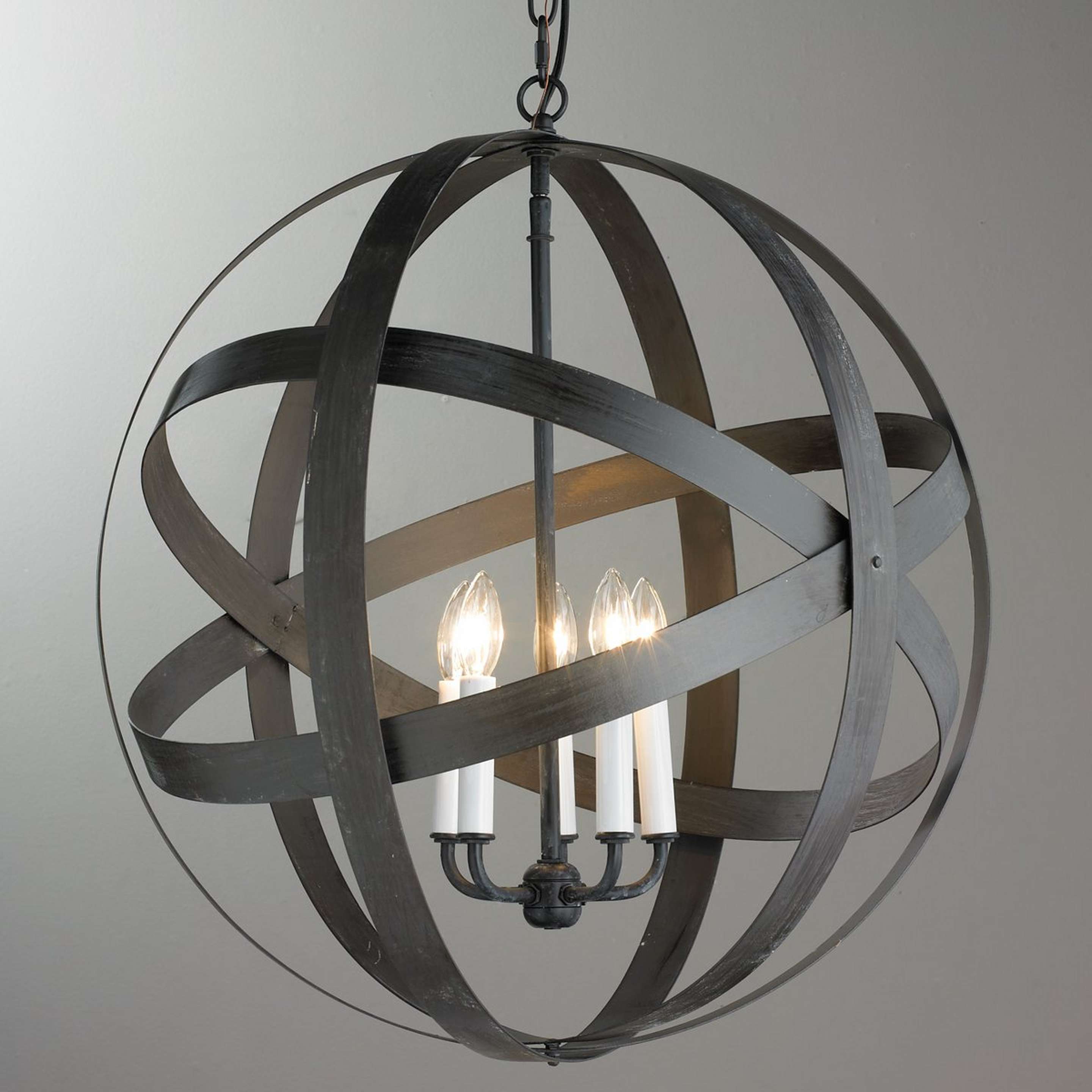 A Rustic Metal Strap Globe Lantern - Large 5 Light with Aged Black Iron color