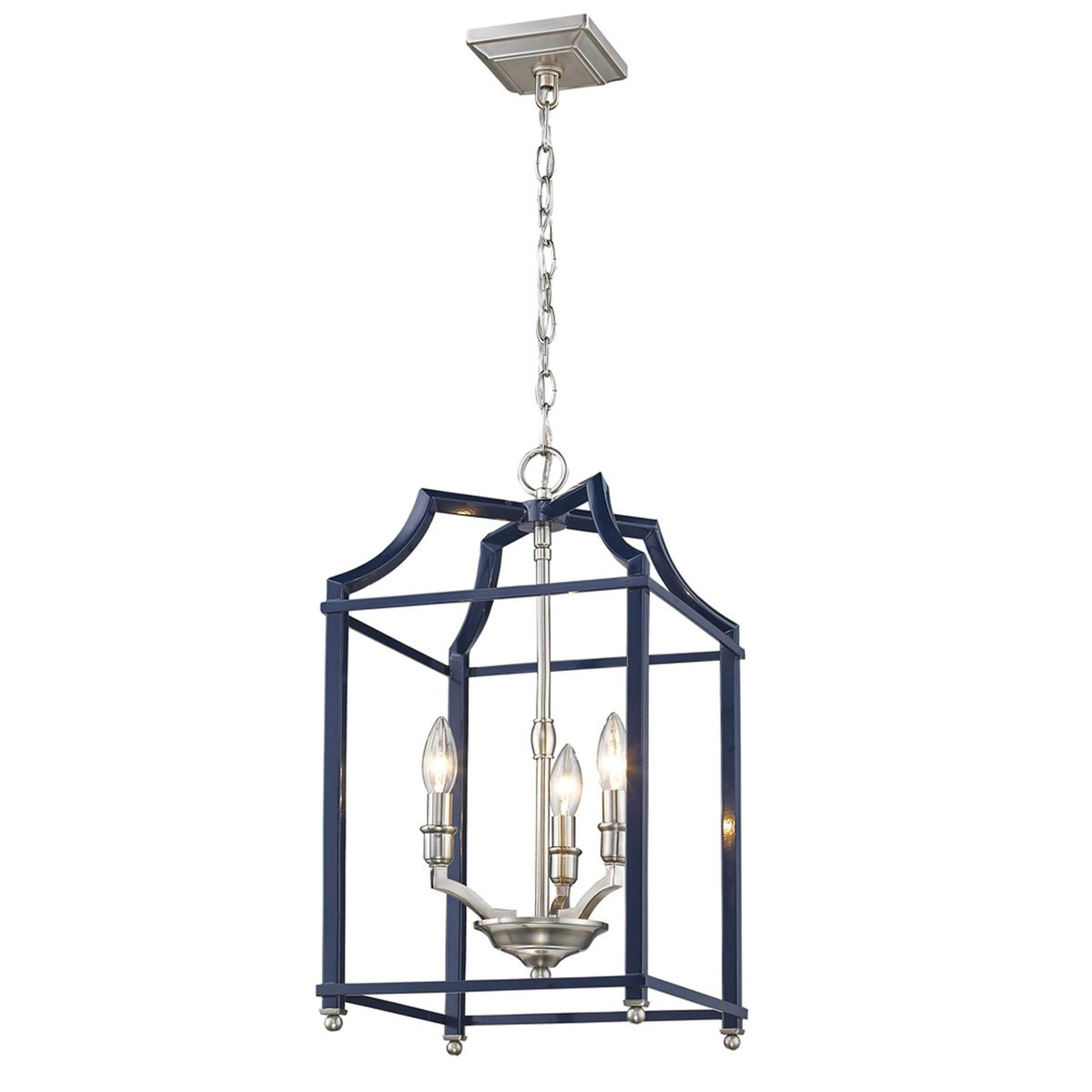 A Contemporary Square Cage Lantern - 3 Light with Navy and Pewter color