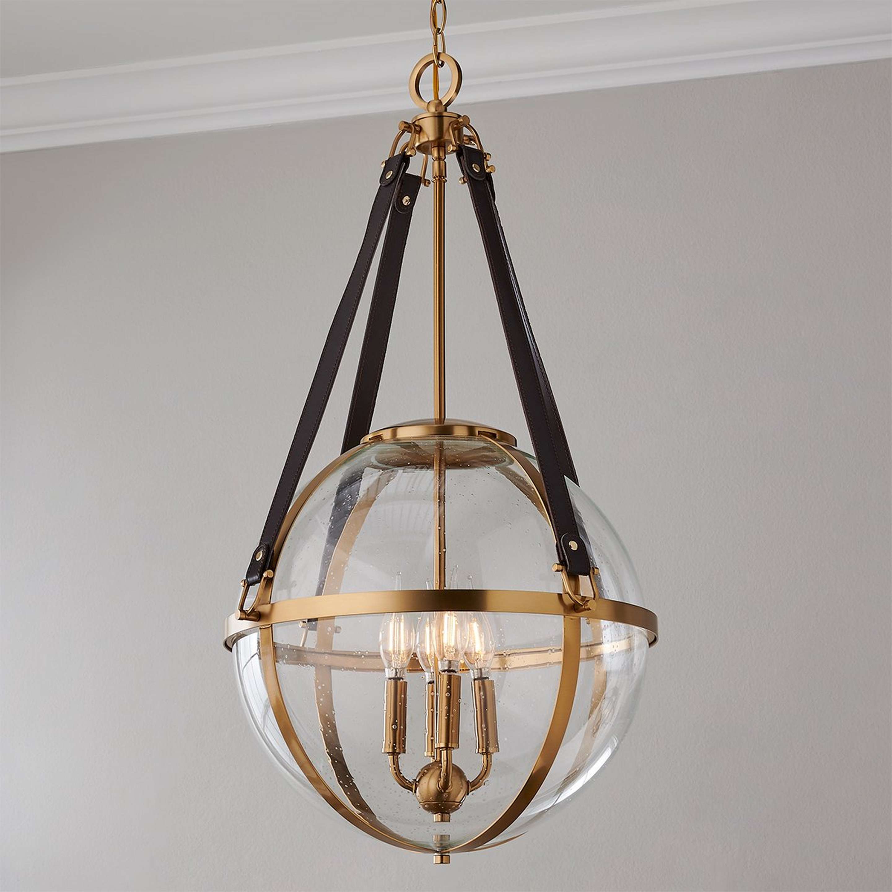 A Winslow Lantern - 4 Light with Warm Brass / Chocolate Leather / Seeded Glass color
