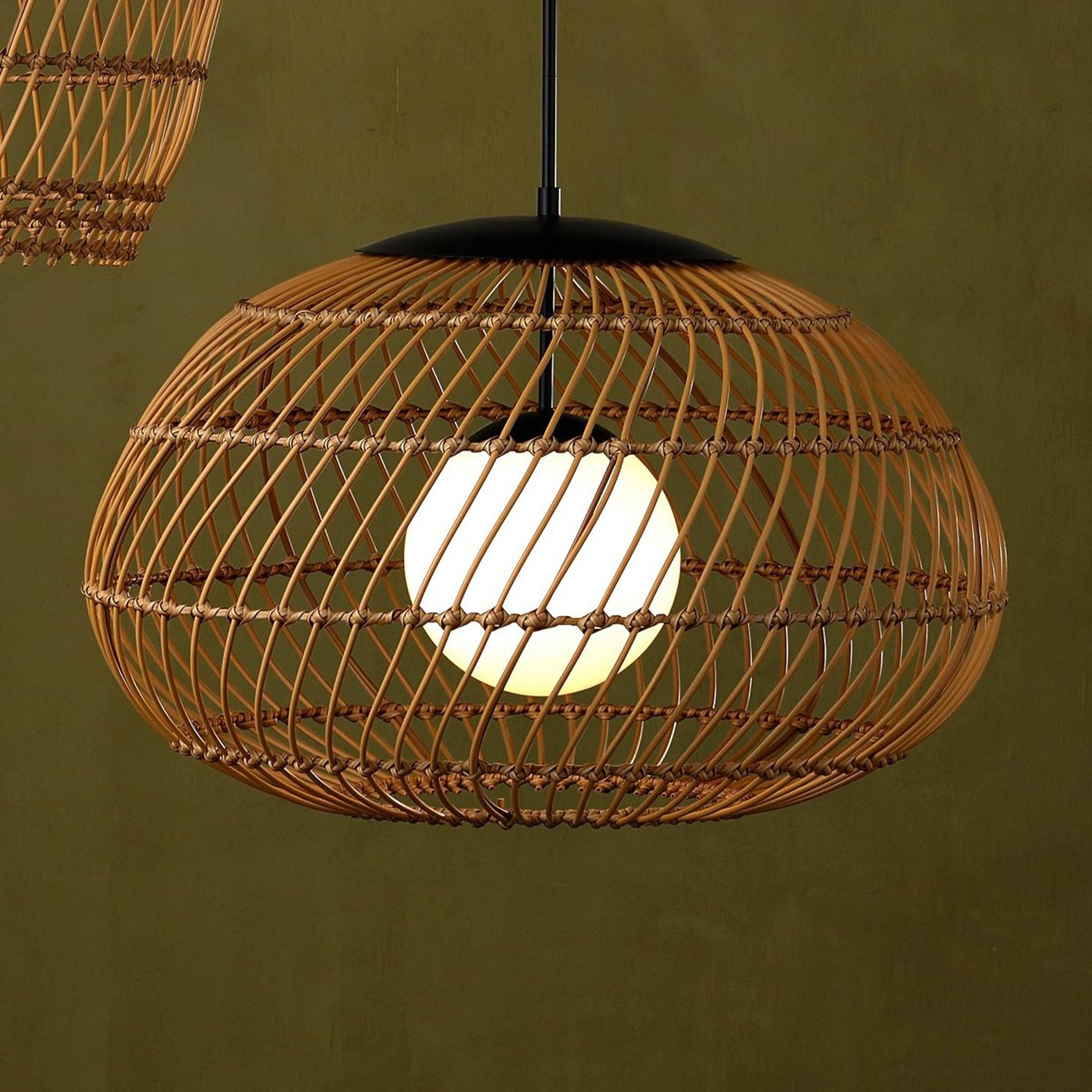 A Zyrique Outdoor Lantern with Black / Faux Rattan / Opal Glass color