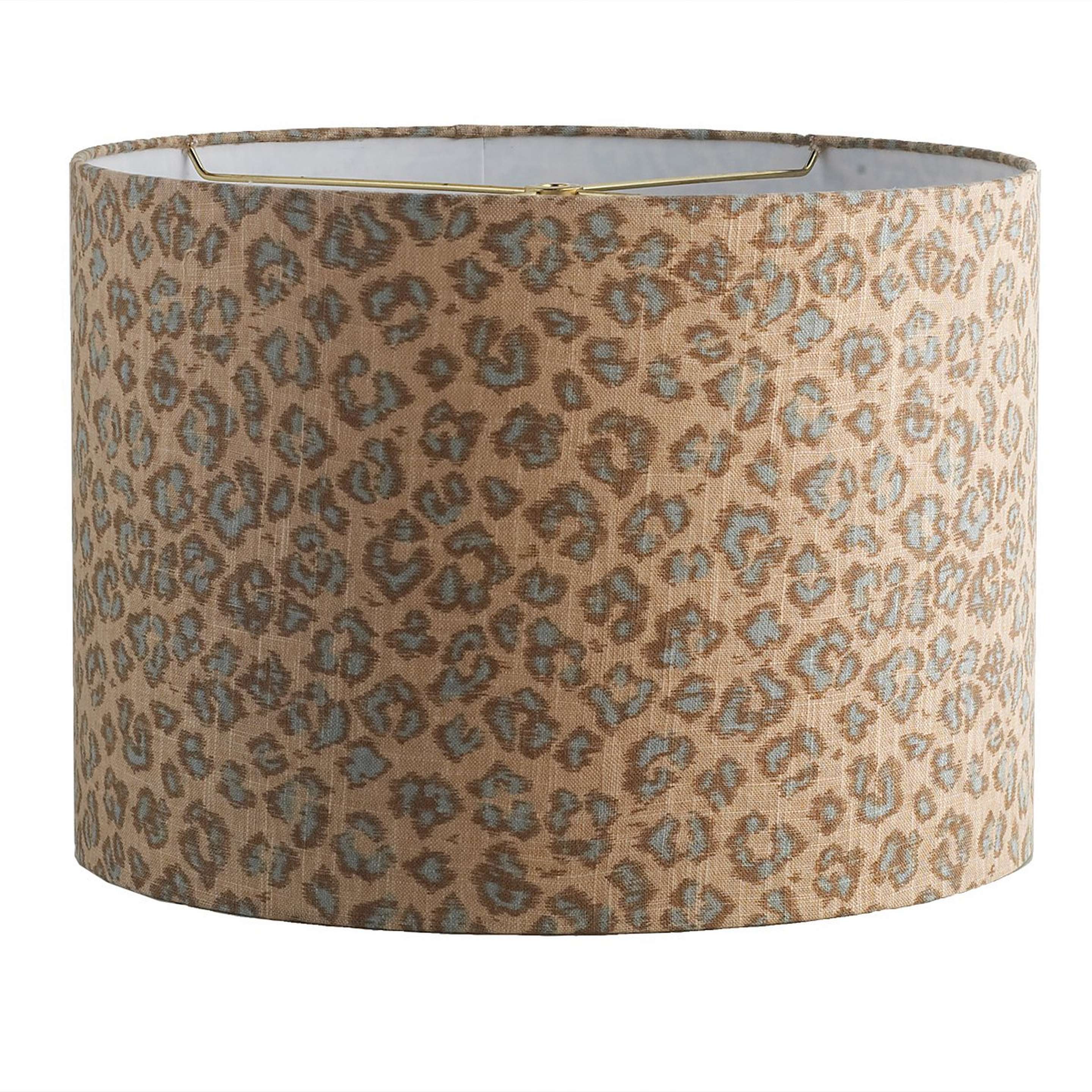 A 16" Leopard Print Drum Shade with Spa Blue & Tan color