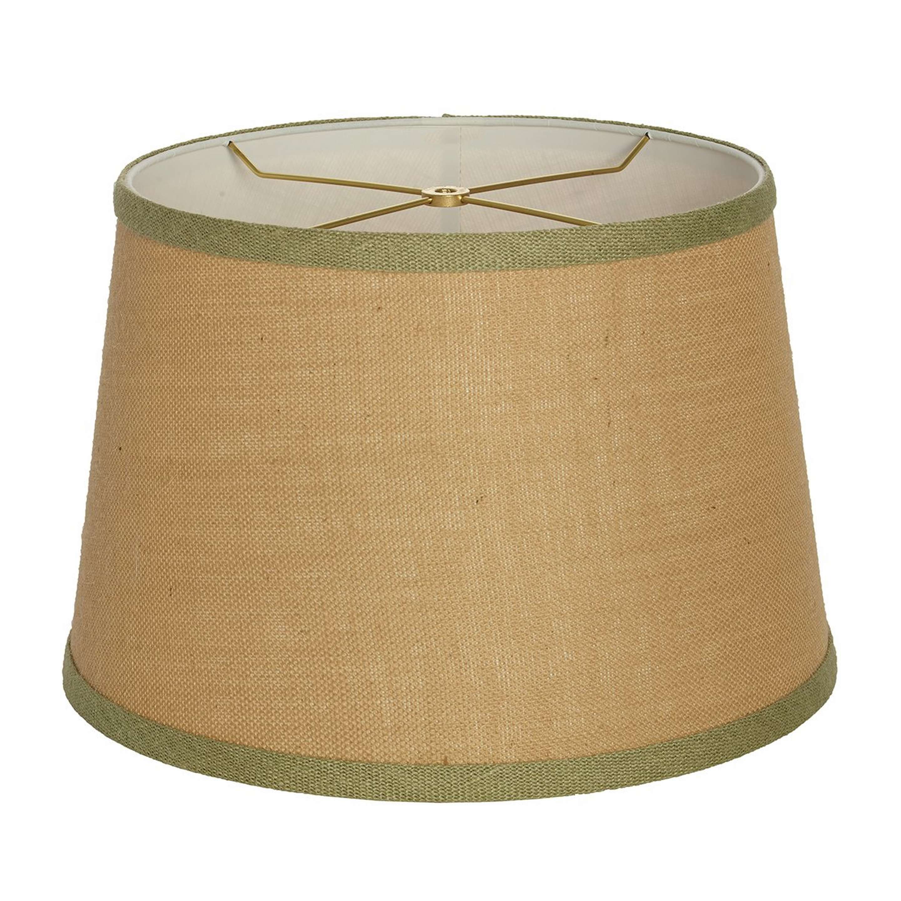 A 16" Natural Burlap Shade with Contrast Trim with Natural and Sage trim color