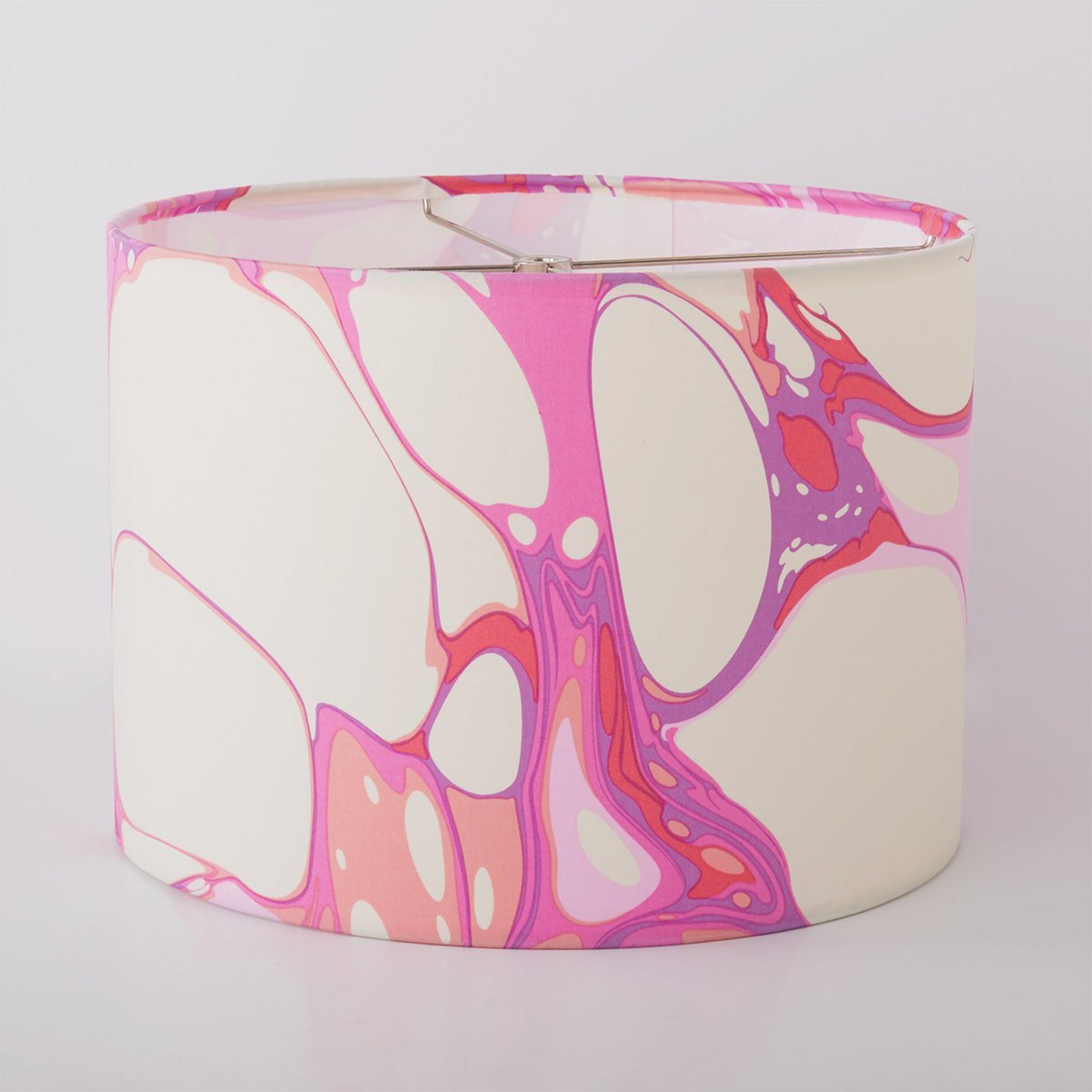 A 14" Wide Multi Marble Drum Shade with Pink / Orange / Nickel  color