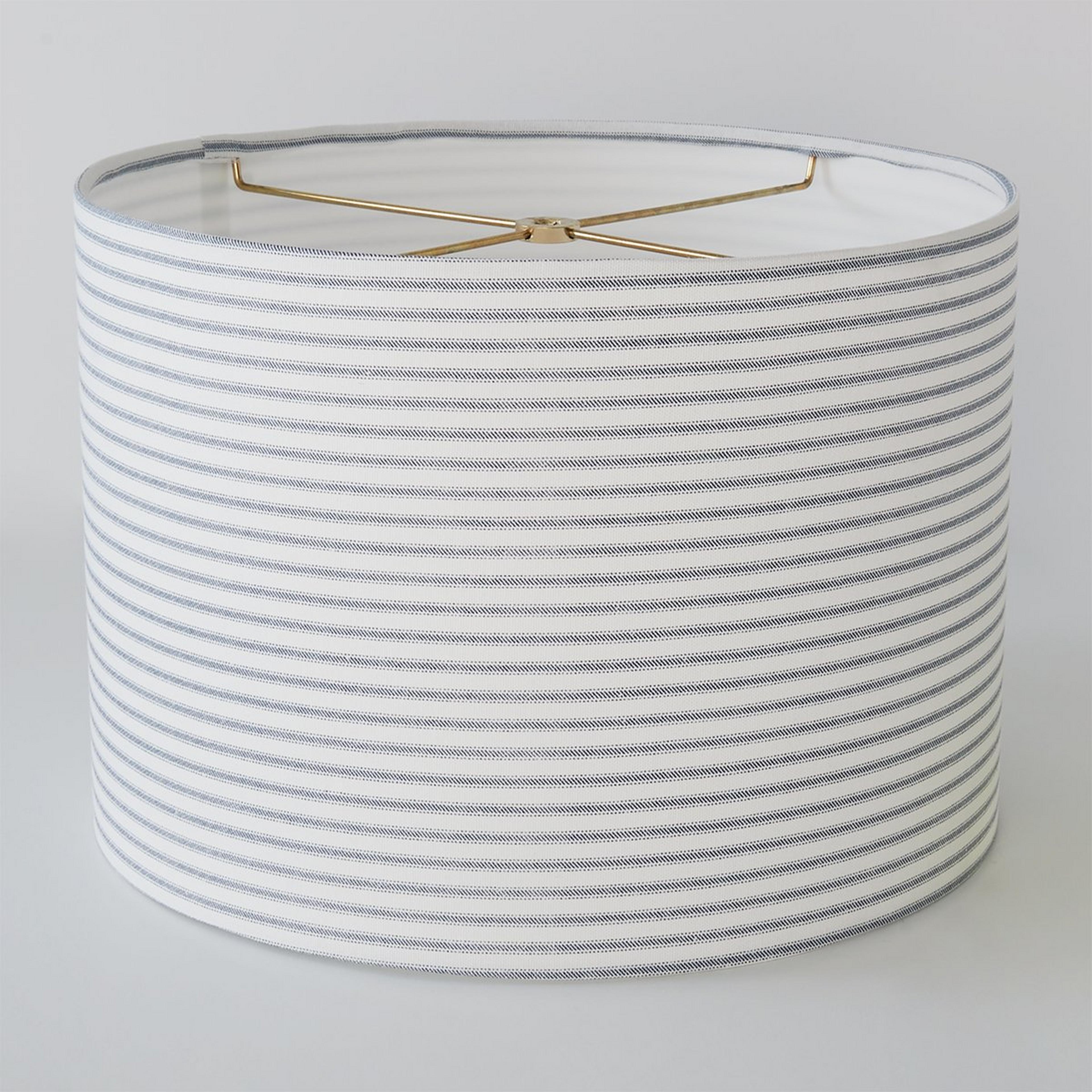 A 14" Wide Ticking Stripe Drum Shade with Navy / White / Brass  color