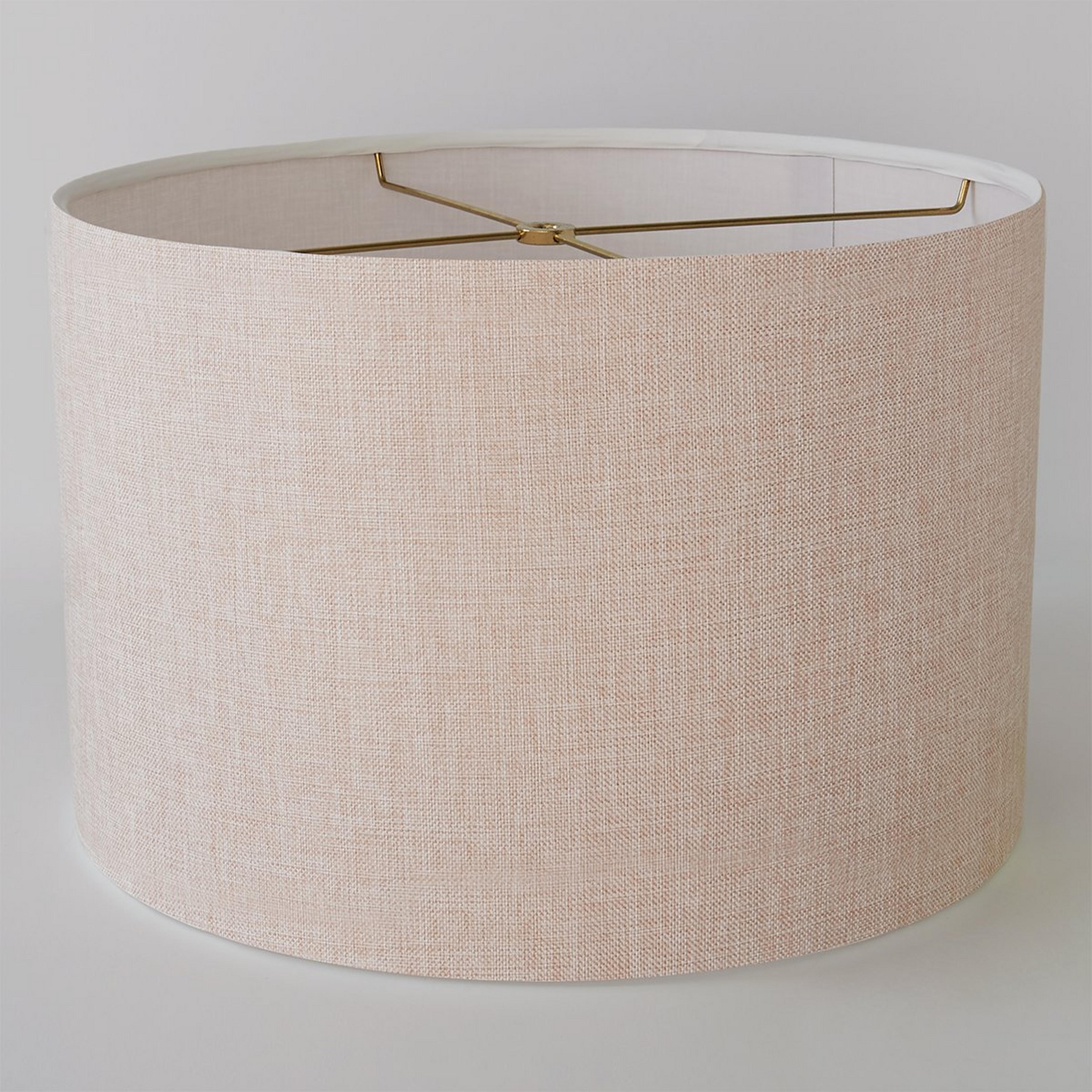 A 16" Wide Textured Taupe Drum Shade with Taupe Tweed / Brass  color