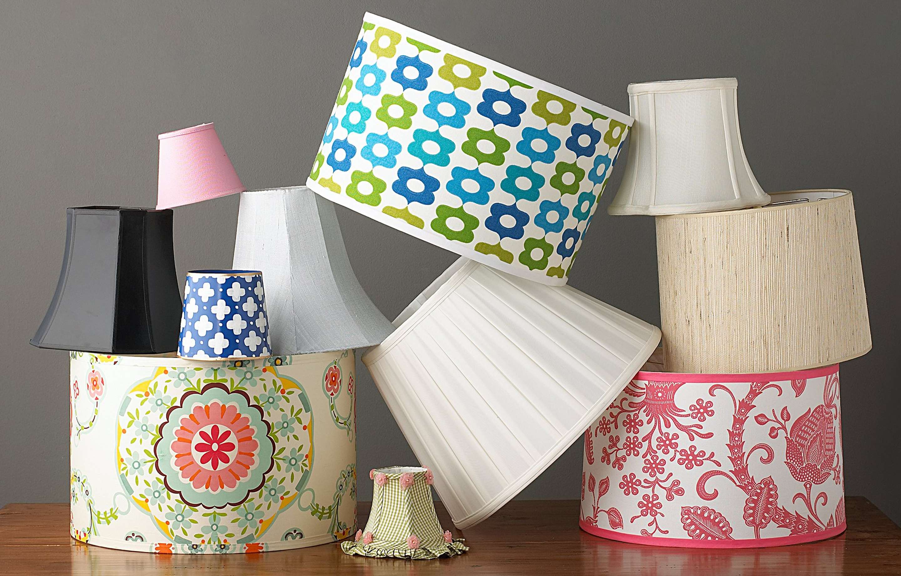 Group of lamp shades in various colors and styles