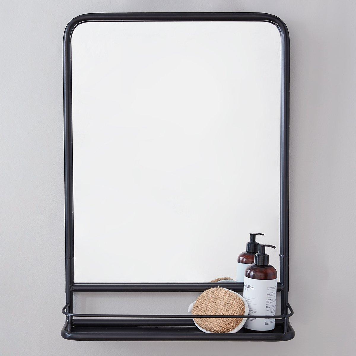 Black Metal Frame Rectangle Vanity Wall Mirror with Shelves