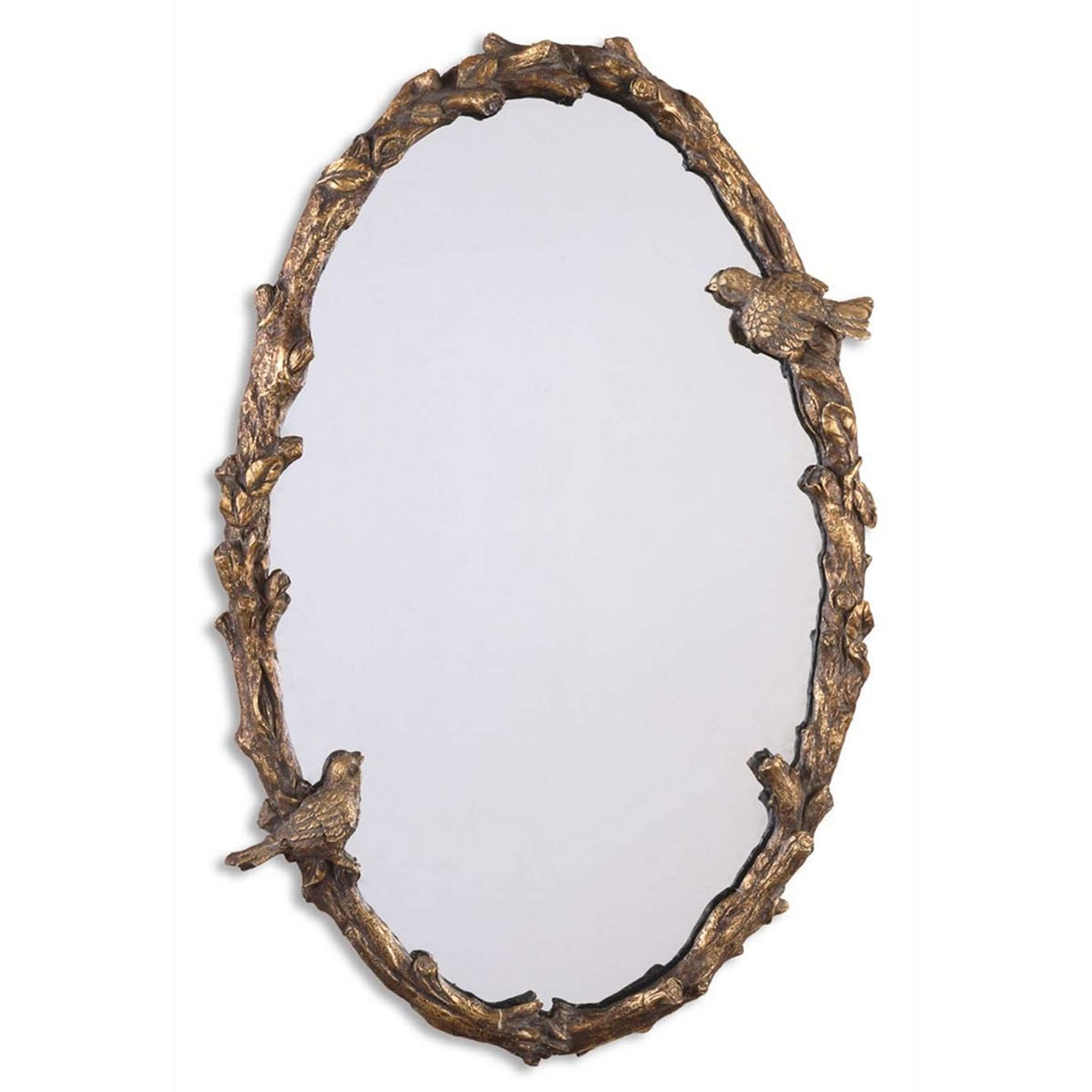 A Rustic Vine and Bird Framed Mirror with Antique Gold color