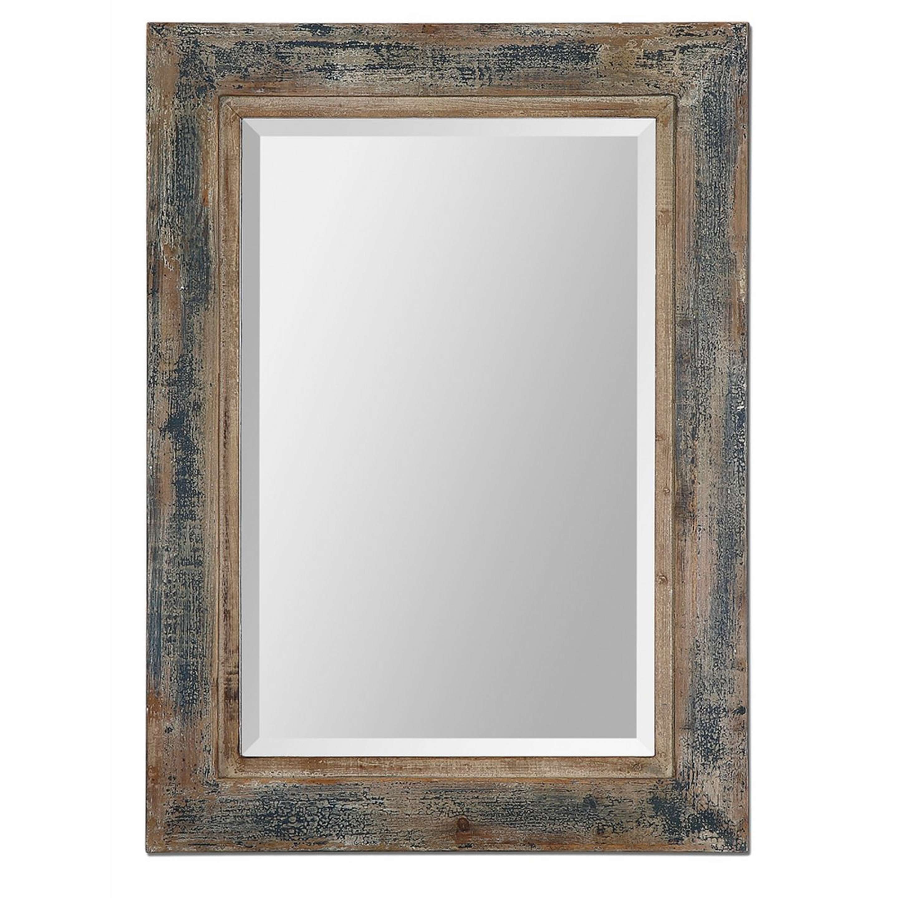 A Distressed Tinted Plank Mirror with Slate Blue/ Aged Wood/ Rustic Ivory color
