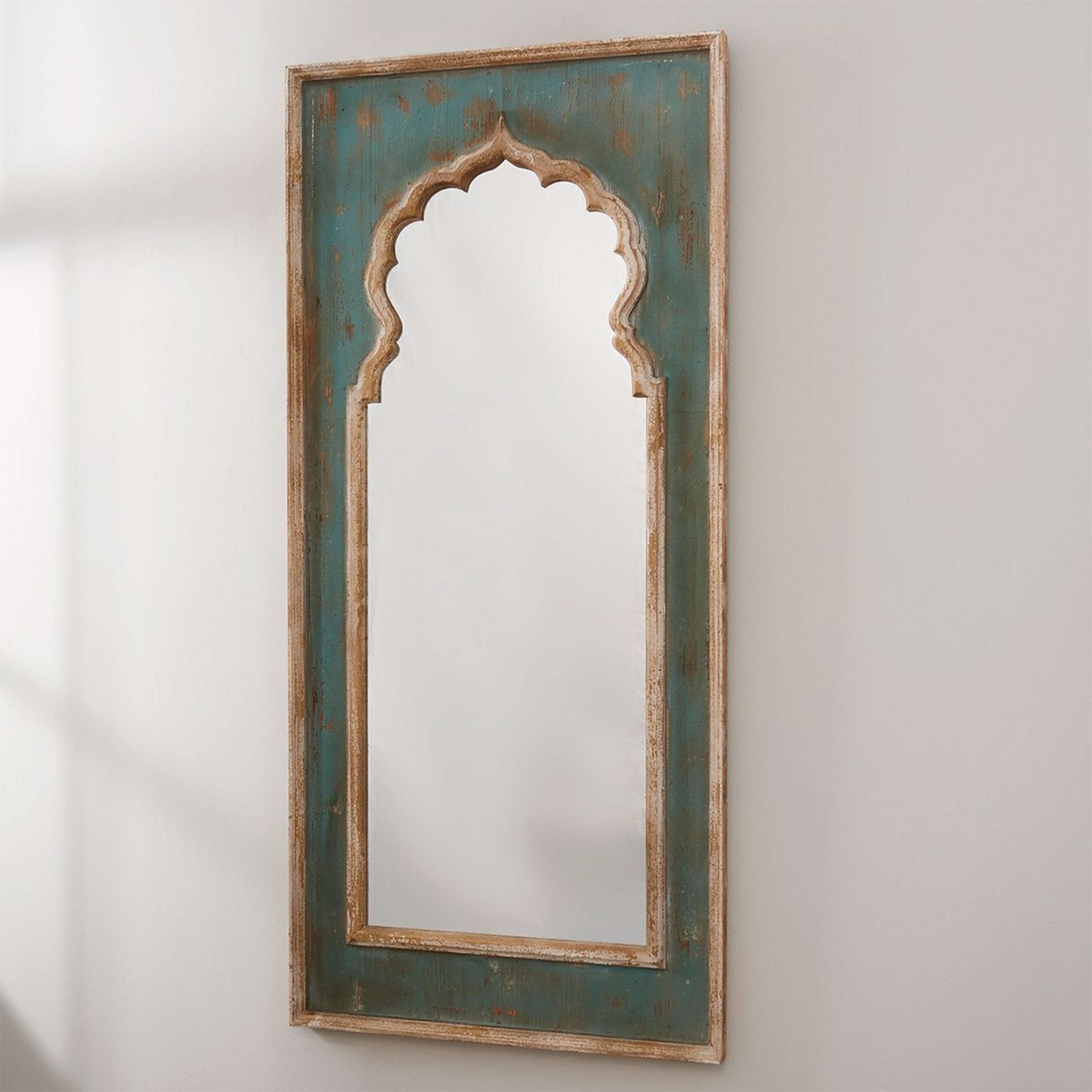 A Distressed Painted Wood Mirror with Cream / Teal / Natural color
