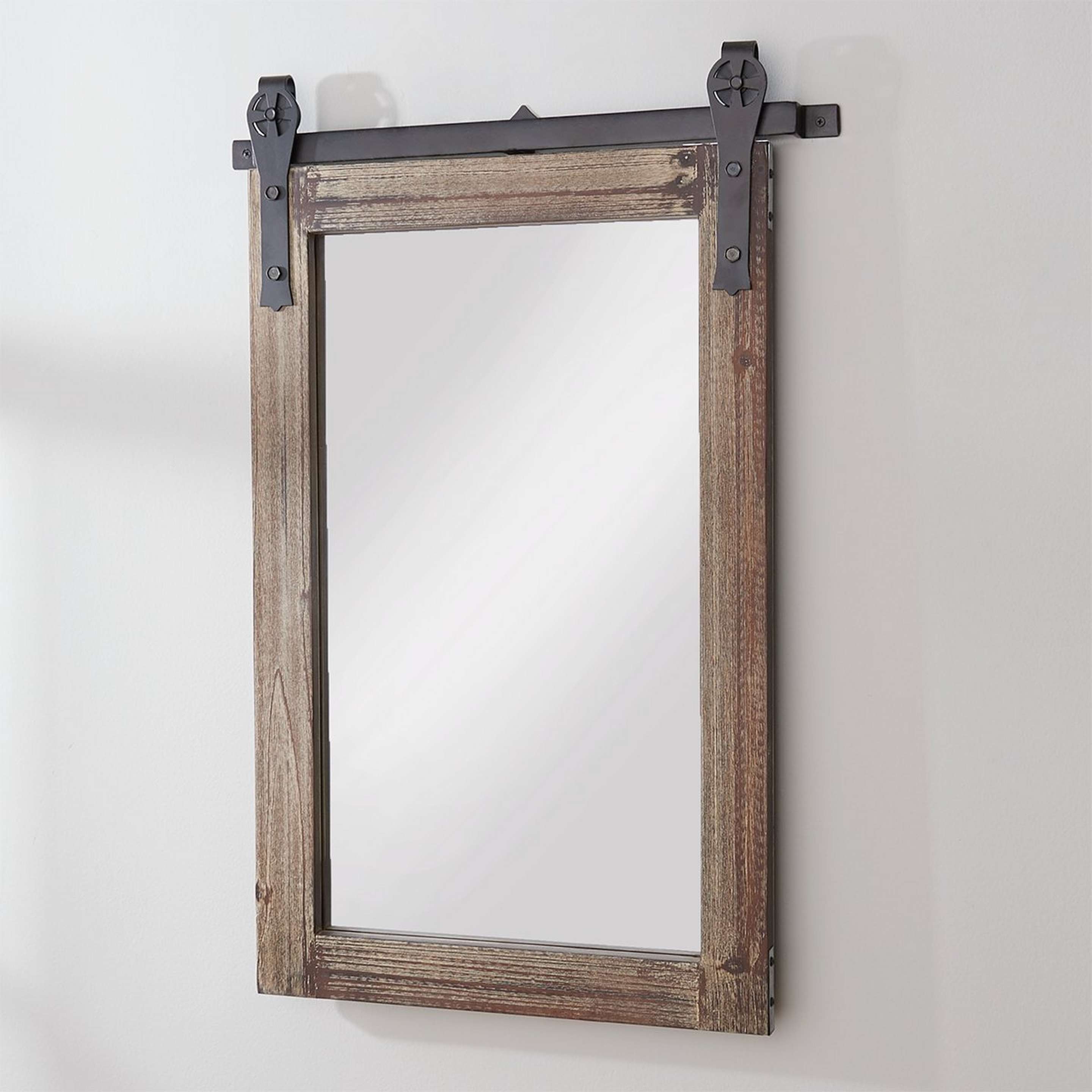A Barn Door Framed Mirror with Distressed Gray Wood / Bronze color