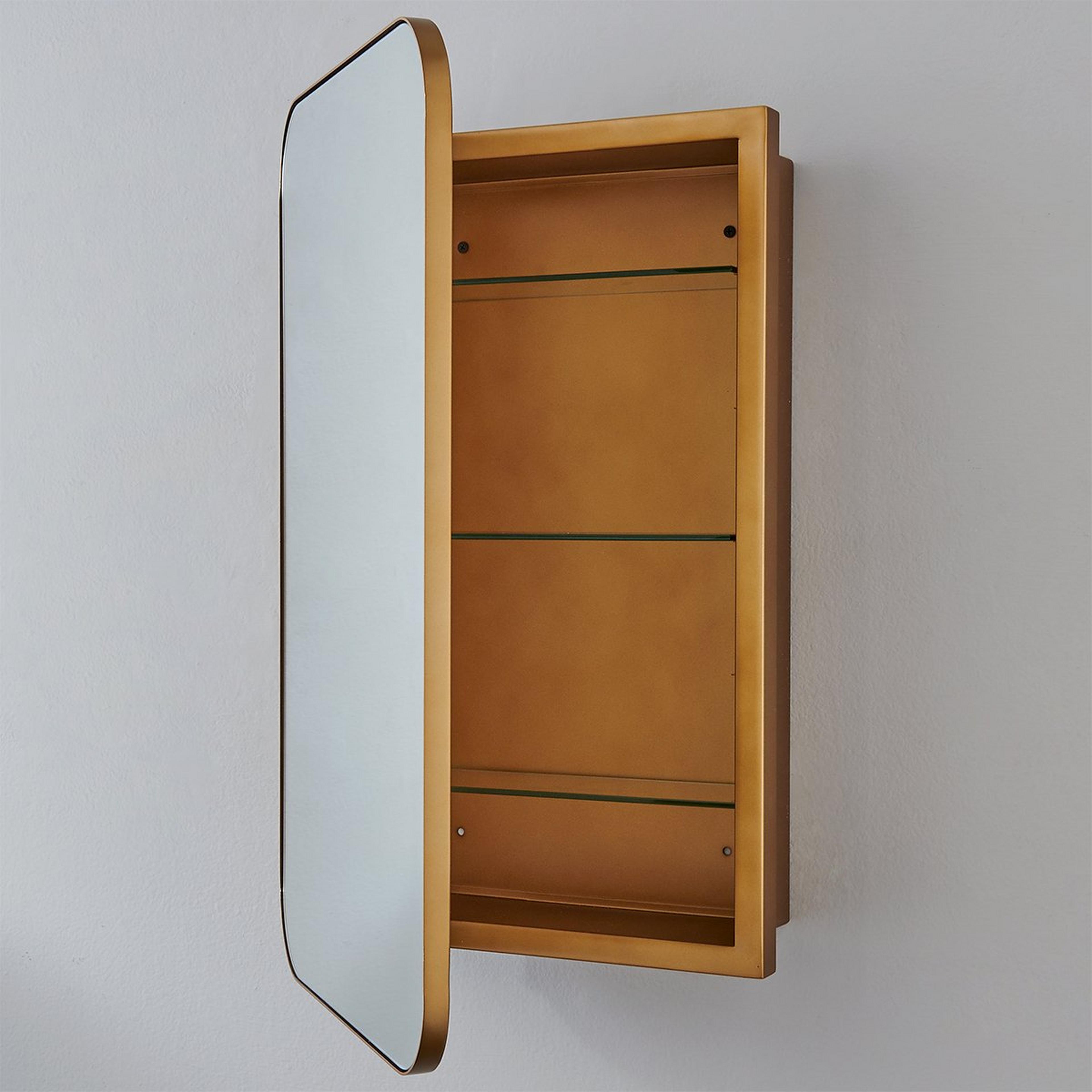 A Refreshingly Rectangular Medicine Cabinet Mirror with Gold color