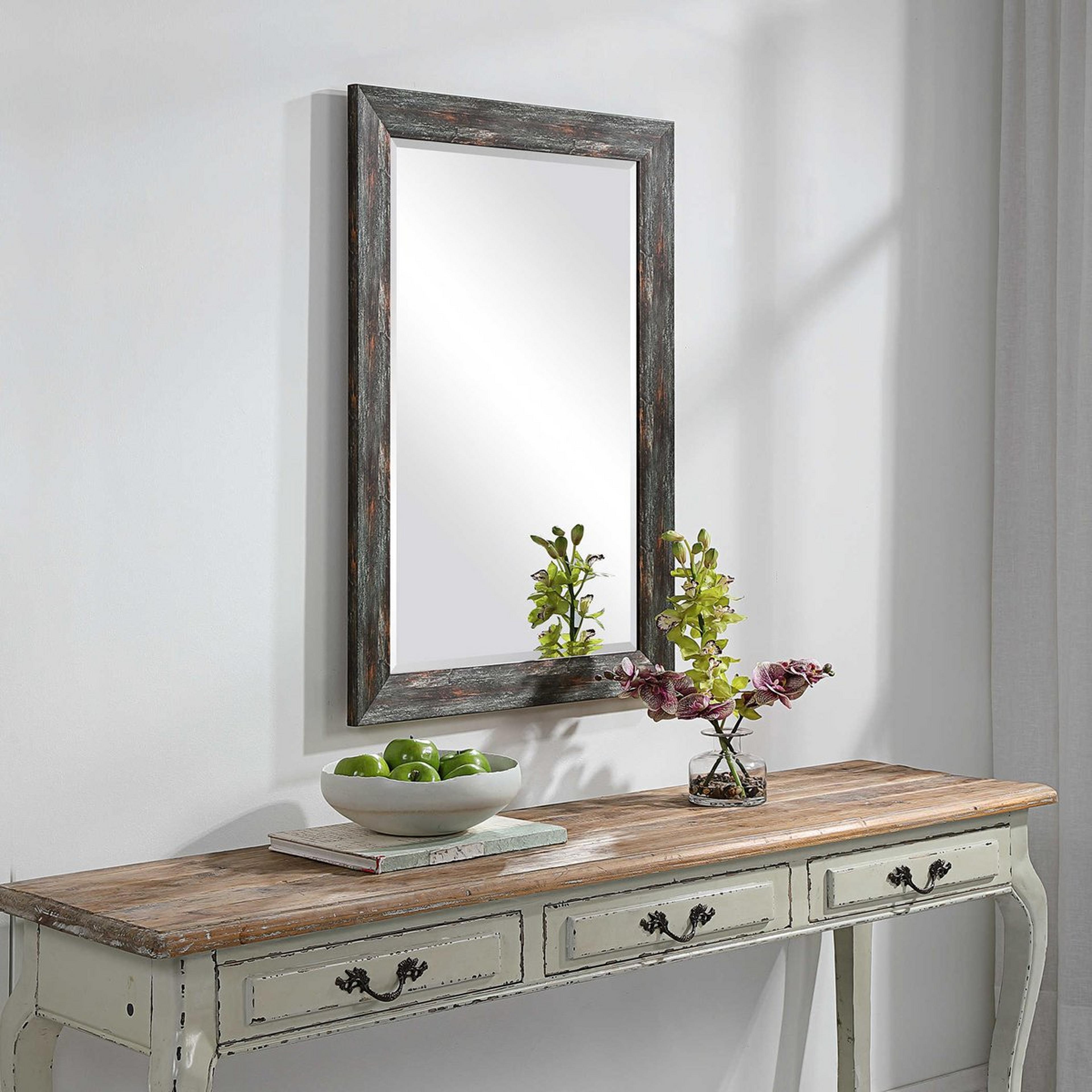 A Jefferson Mirror with Distressed Painted Silver / Brown / Distressed Painted Bronze color