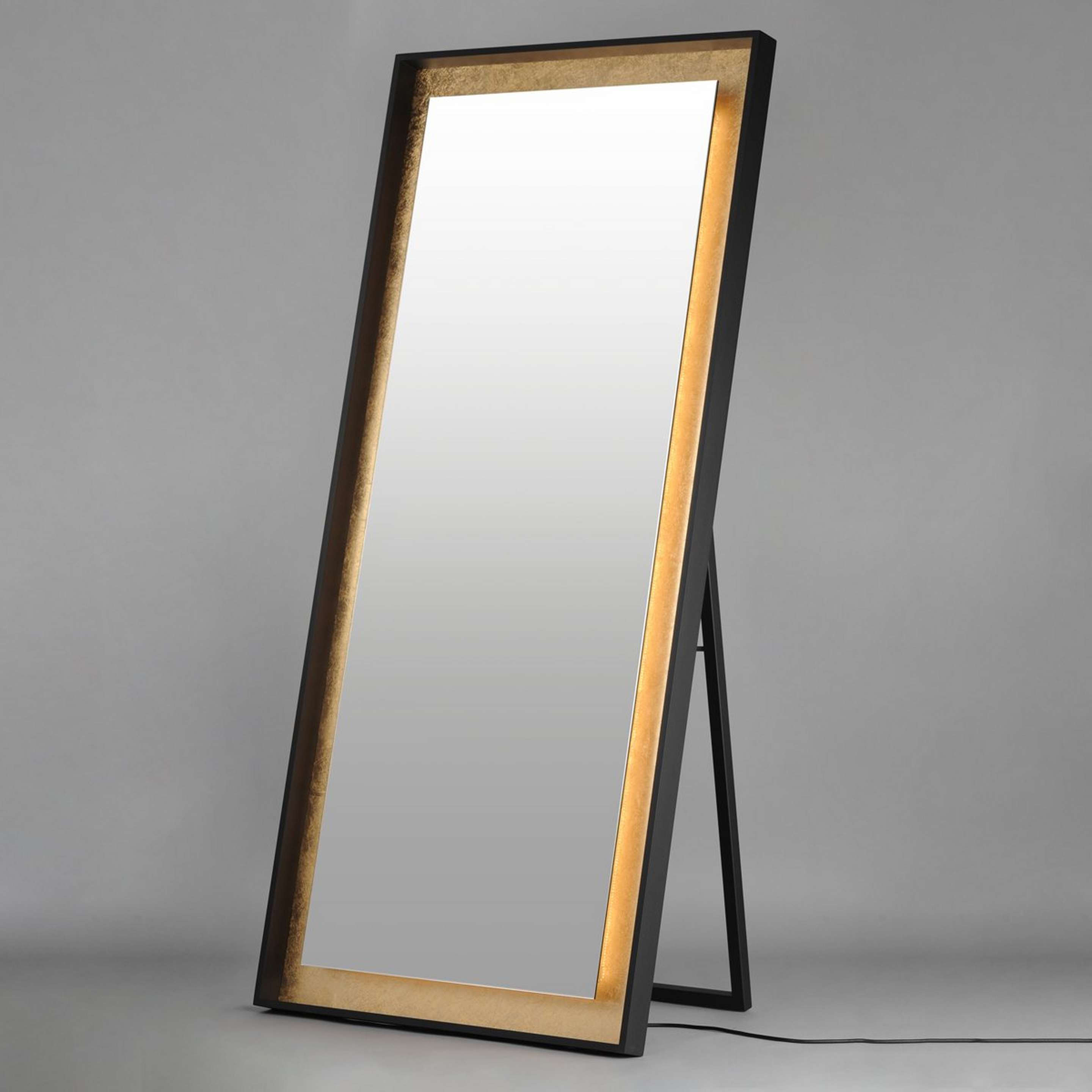 A Dido LED Floor Mirror with Black / Gold Leaf color