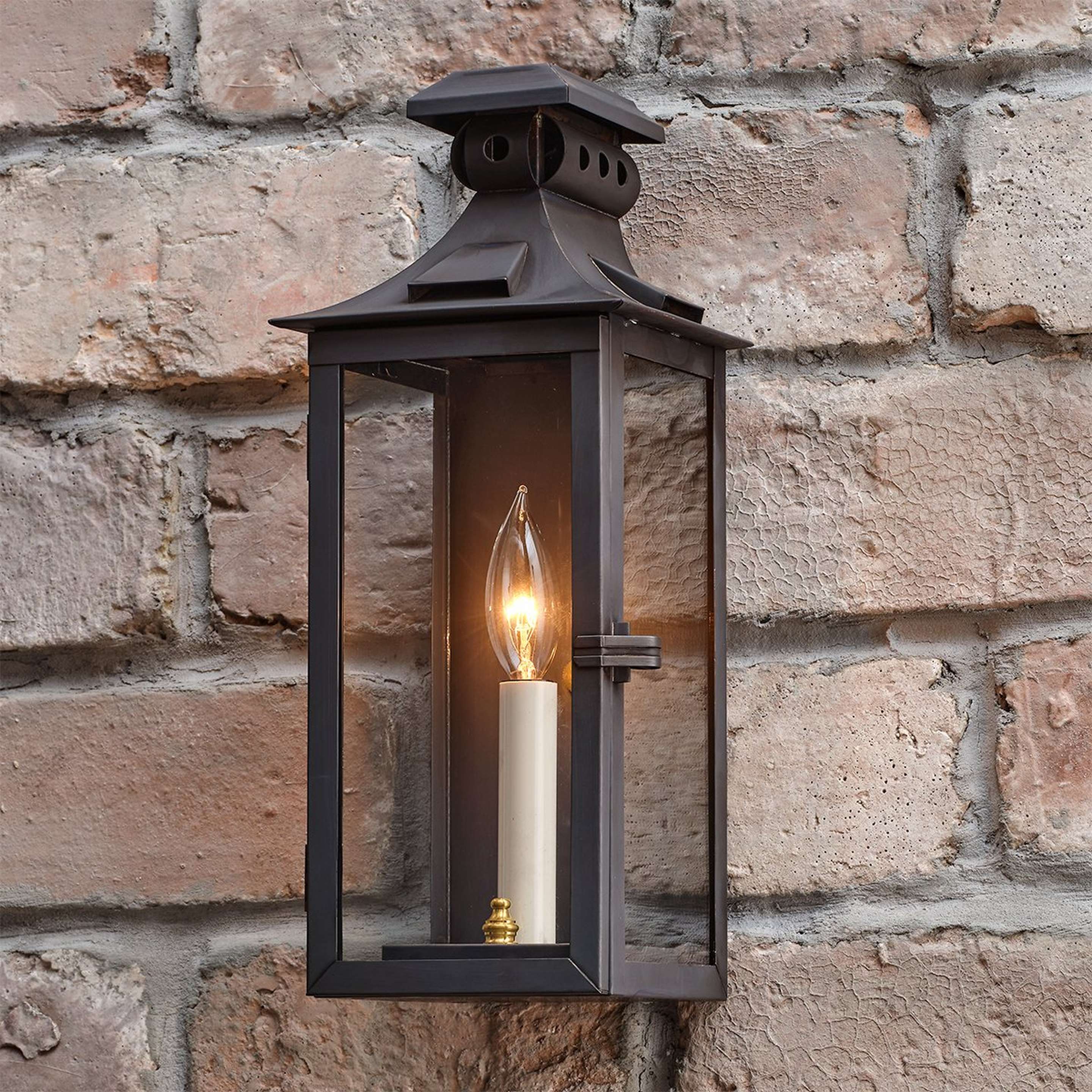 A Colonial Metalcrafts Federal Outdoor Sconce - Small with Darkened Copper / Clear Glass color