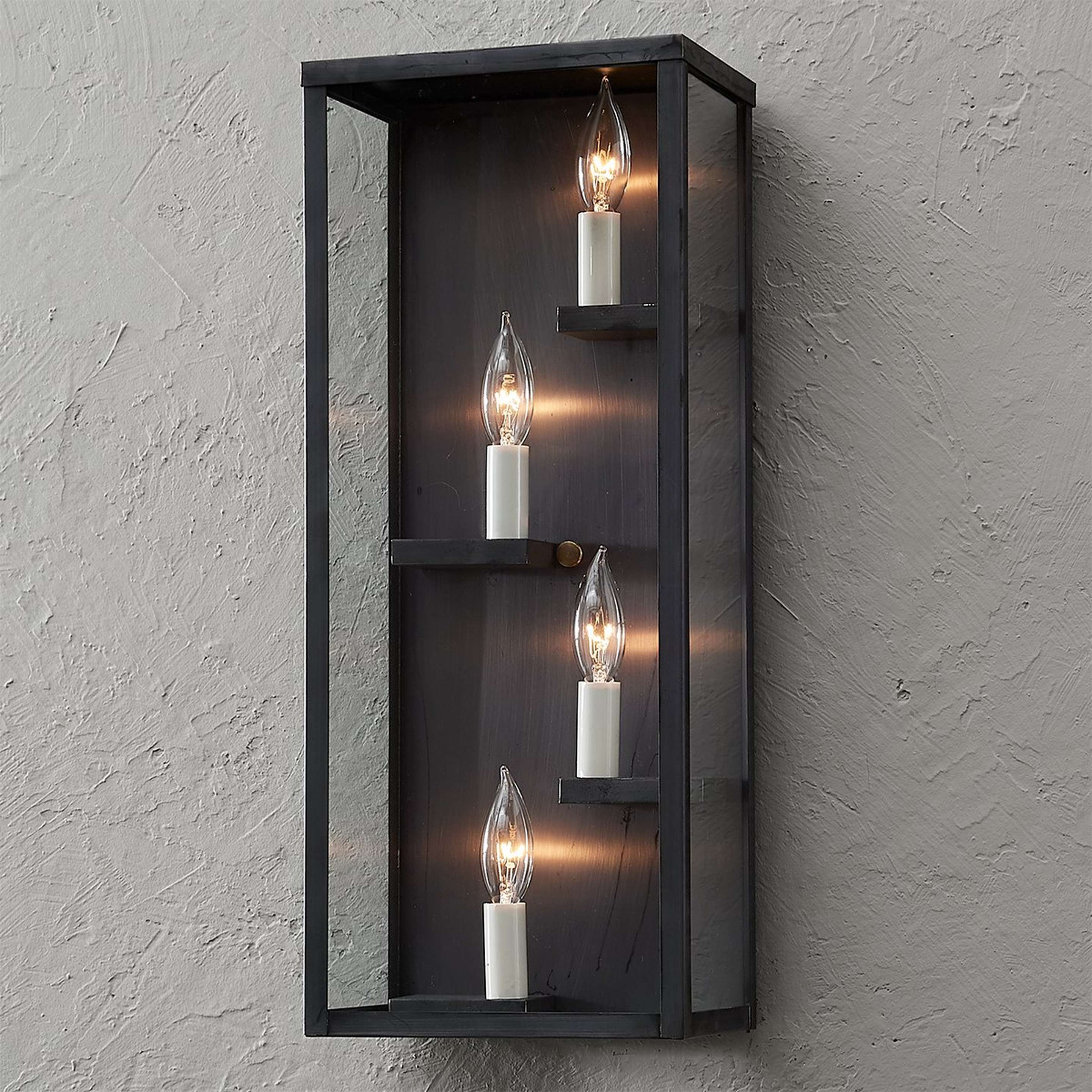 A Colonial Metalcrafts Modern Shelf Outdoor Sconce with Darkened Copper / Clear Glass color