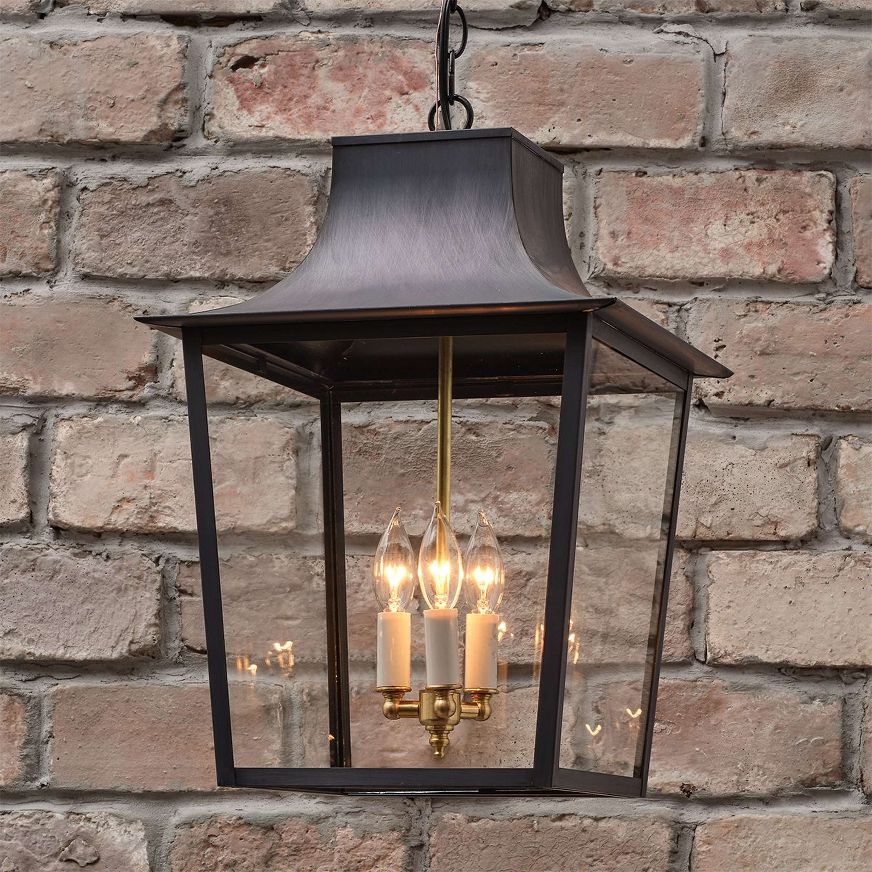 A Colonial Metalcrafts Georgian Outdoor Lantern - Large with Darkened Copper / Clear Glass color