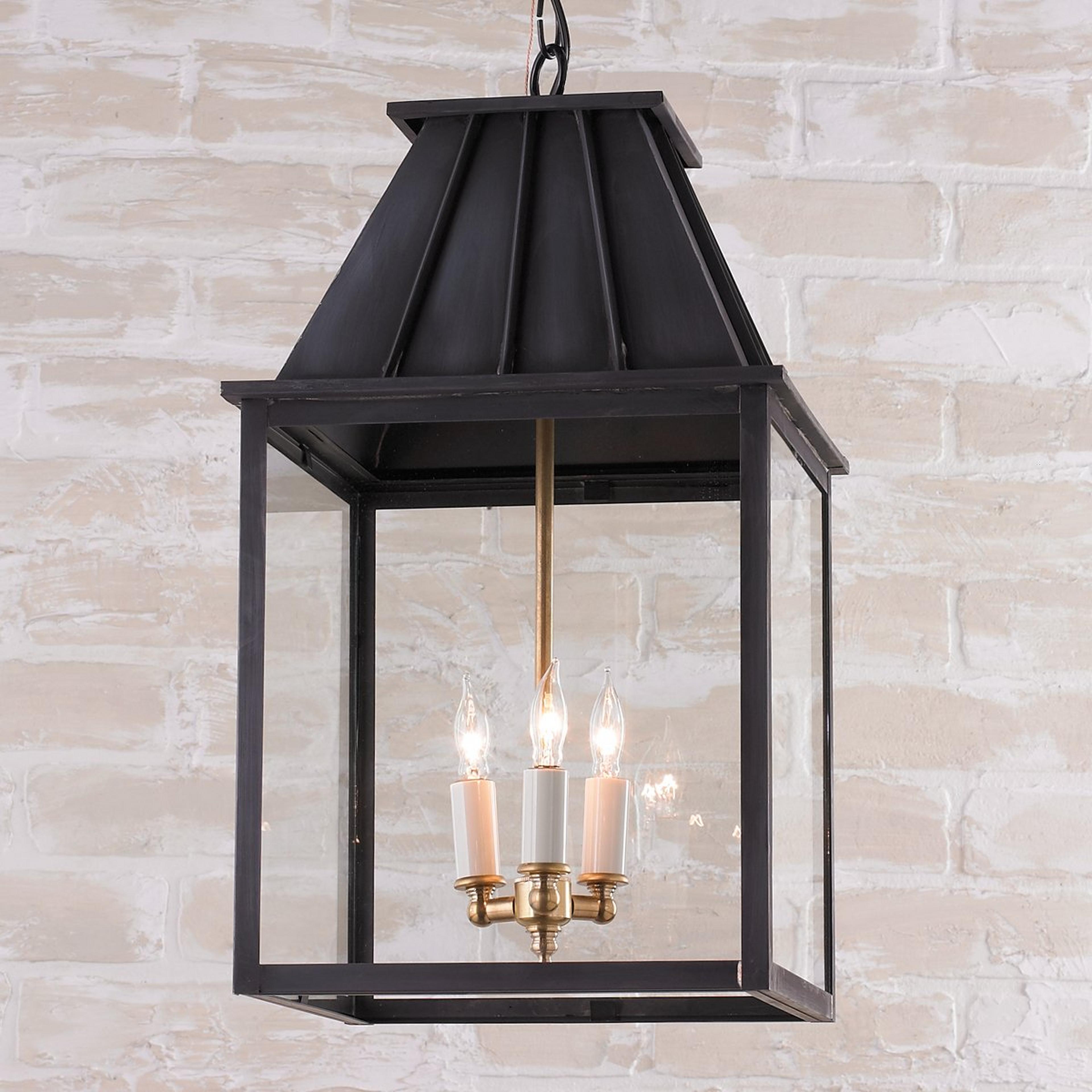 A Colonial Metalcrafts Mansard Outdoor Lantern with Darkened Copper / Clear Glass  color