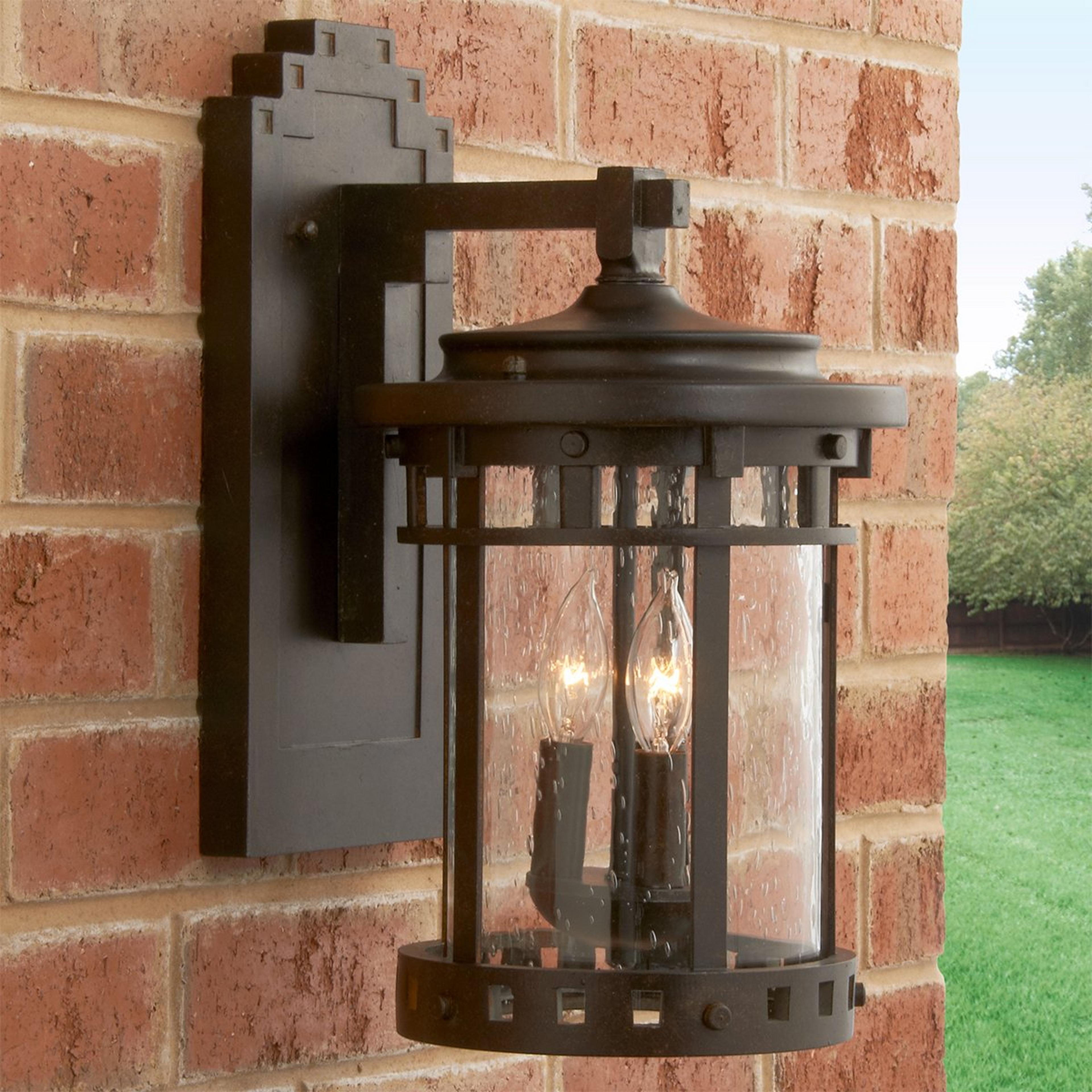 A Seeded Glass Prairie Style Outdoor Sconce - Large with Weathered Bronze color