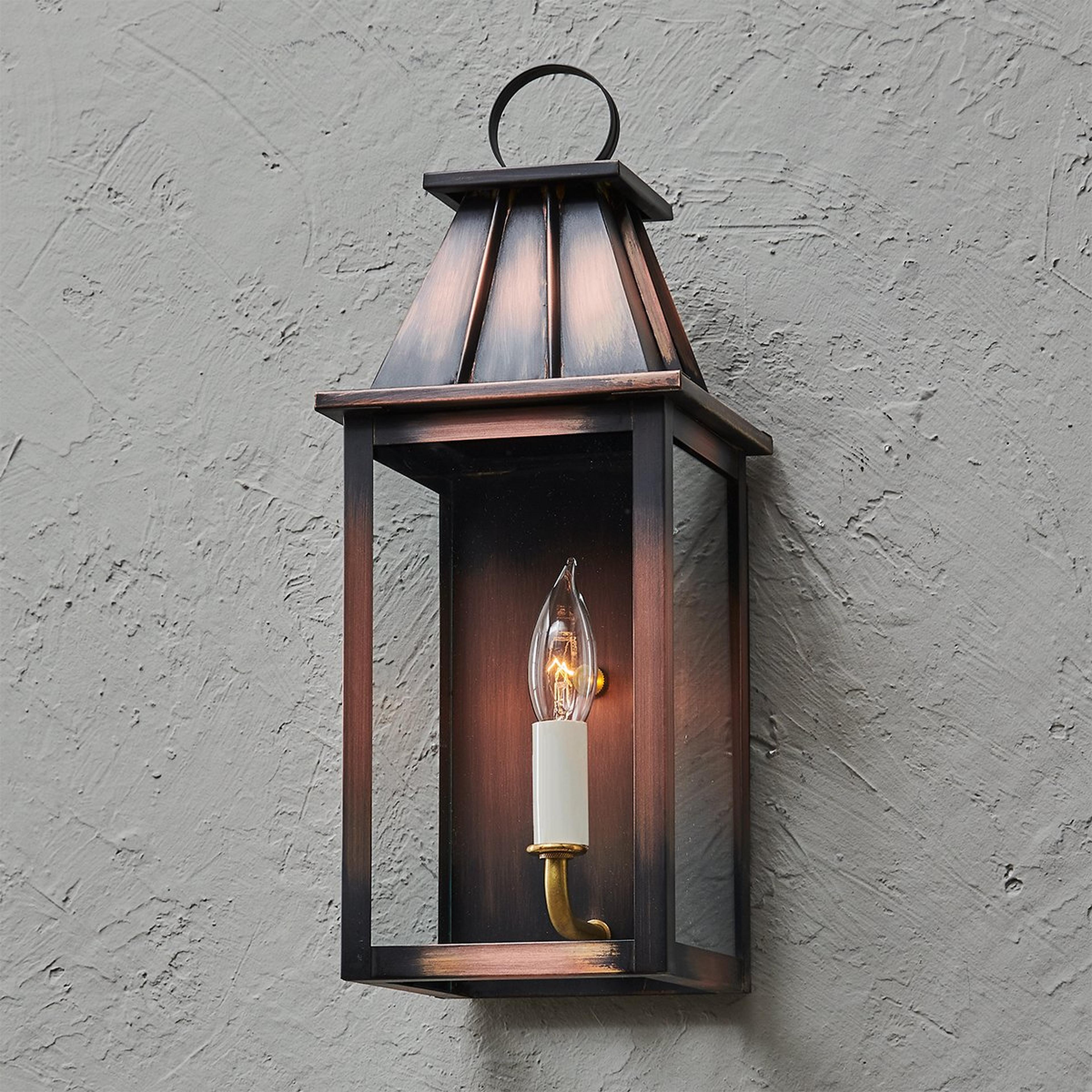 A Colonial Metalcrafts Mansard Outdoor Sconce - Small with Antique Copper / Clear Glass with Clear Coat color