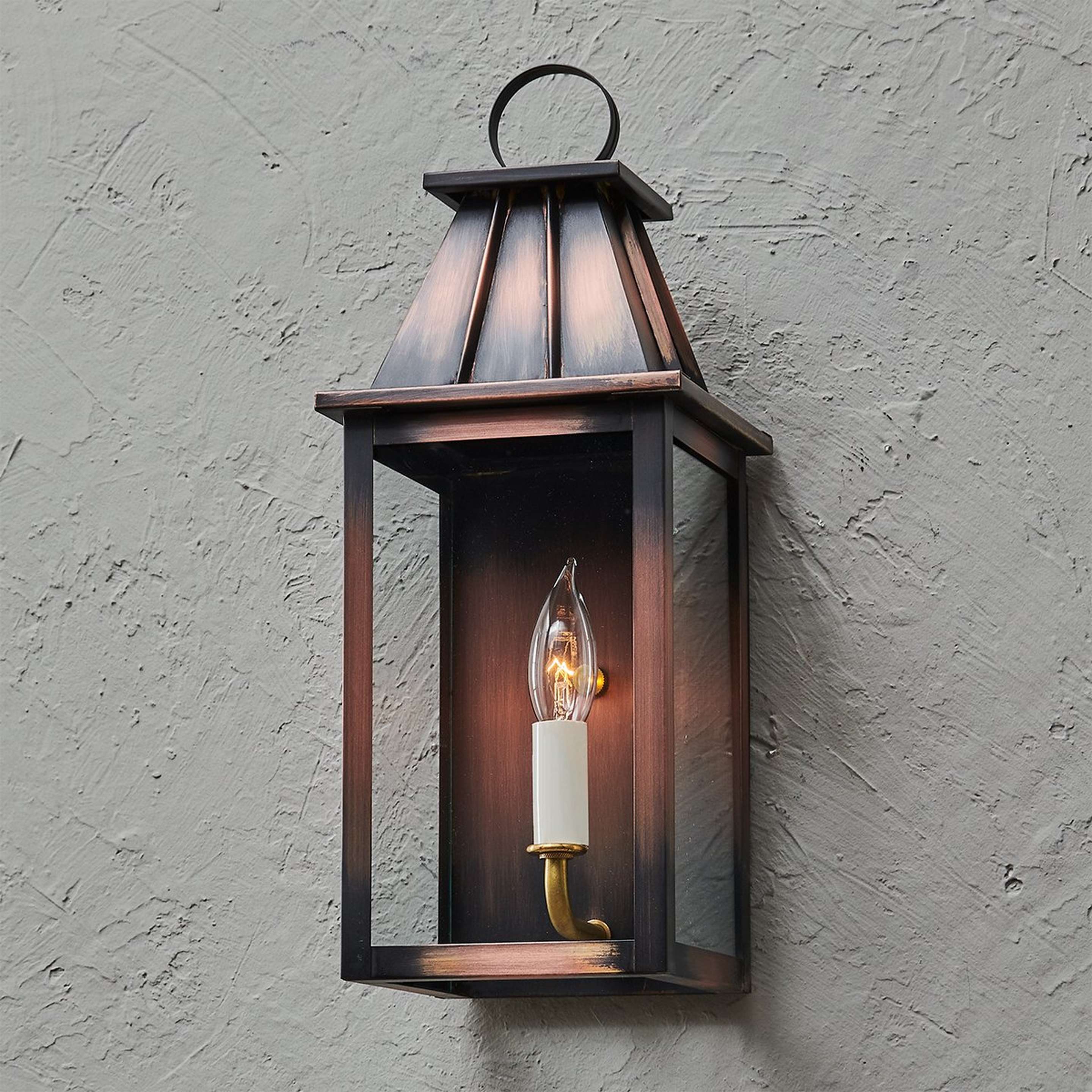 A Colonial Metalcrafts Mansard Outdoor Sconce - Small with Antique Copper / Clear Glass with Clear Coat color